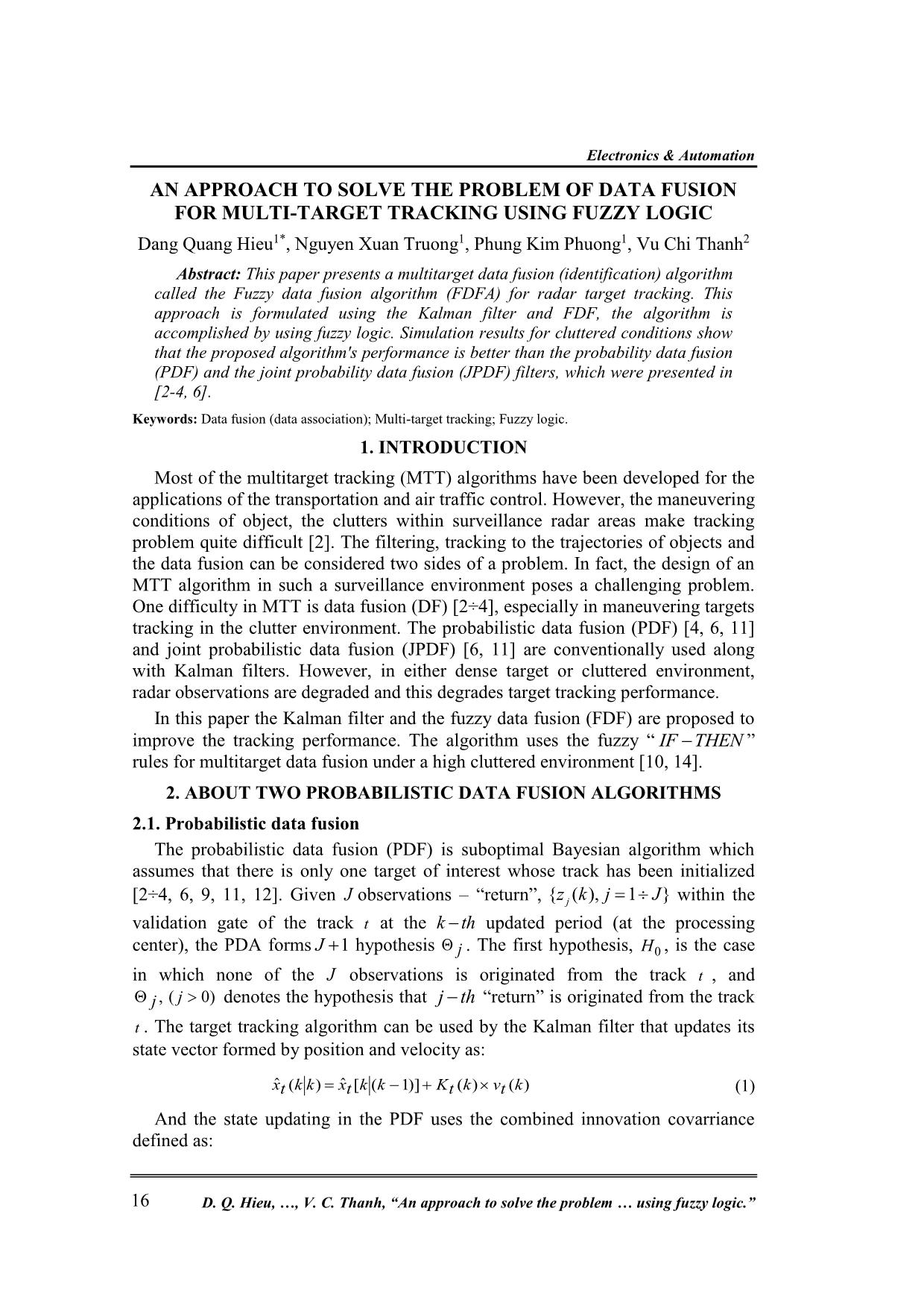 An approach to solve the problem of data fusion for multi - target tracking using fuzzy logic trang 1