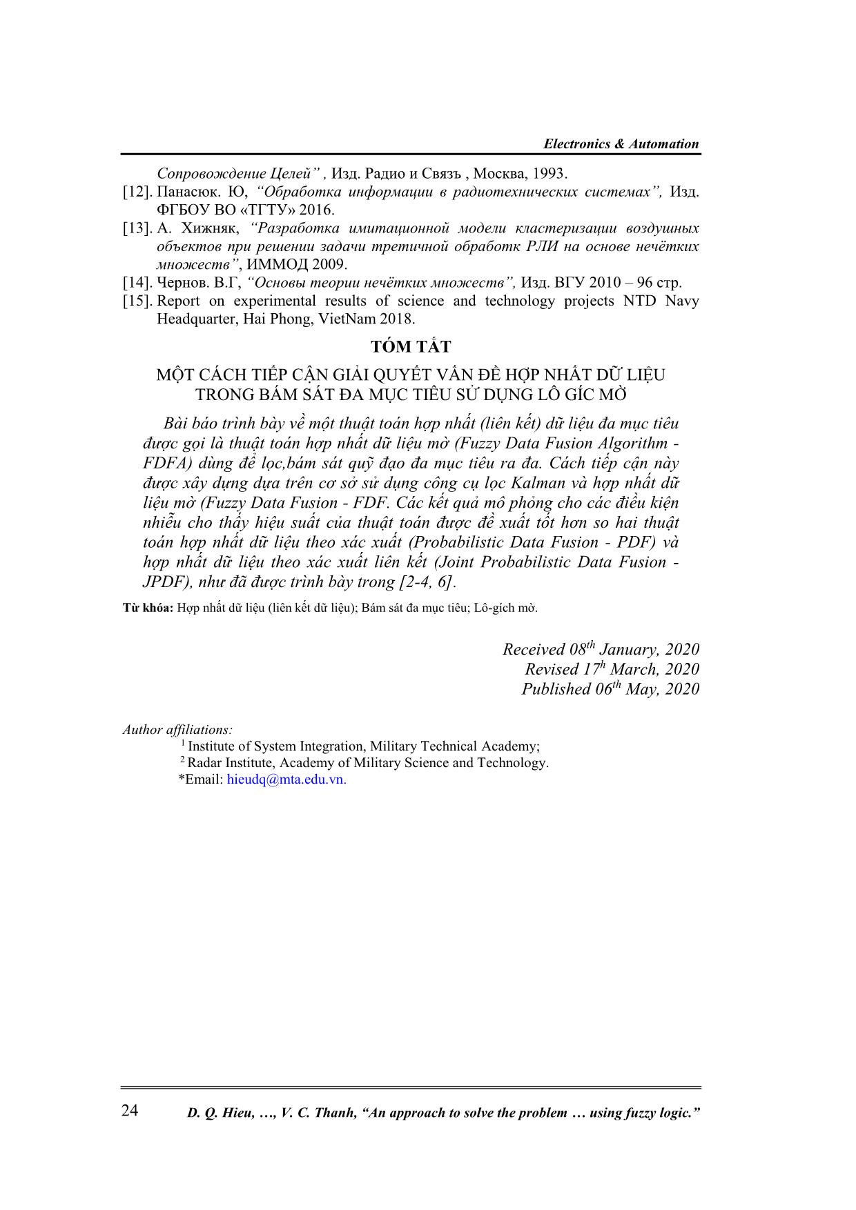 An approach to solve the problem of data fusion for multi - target tracking using fuzzy logic trang 9