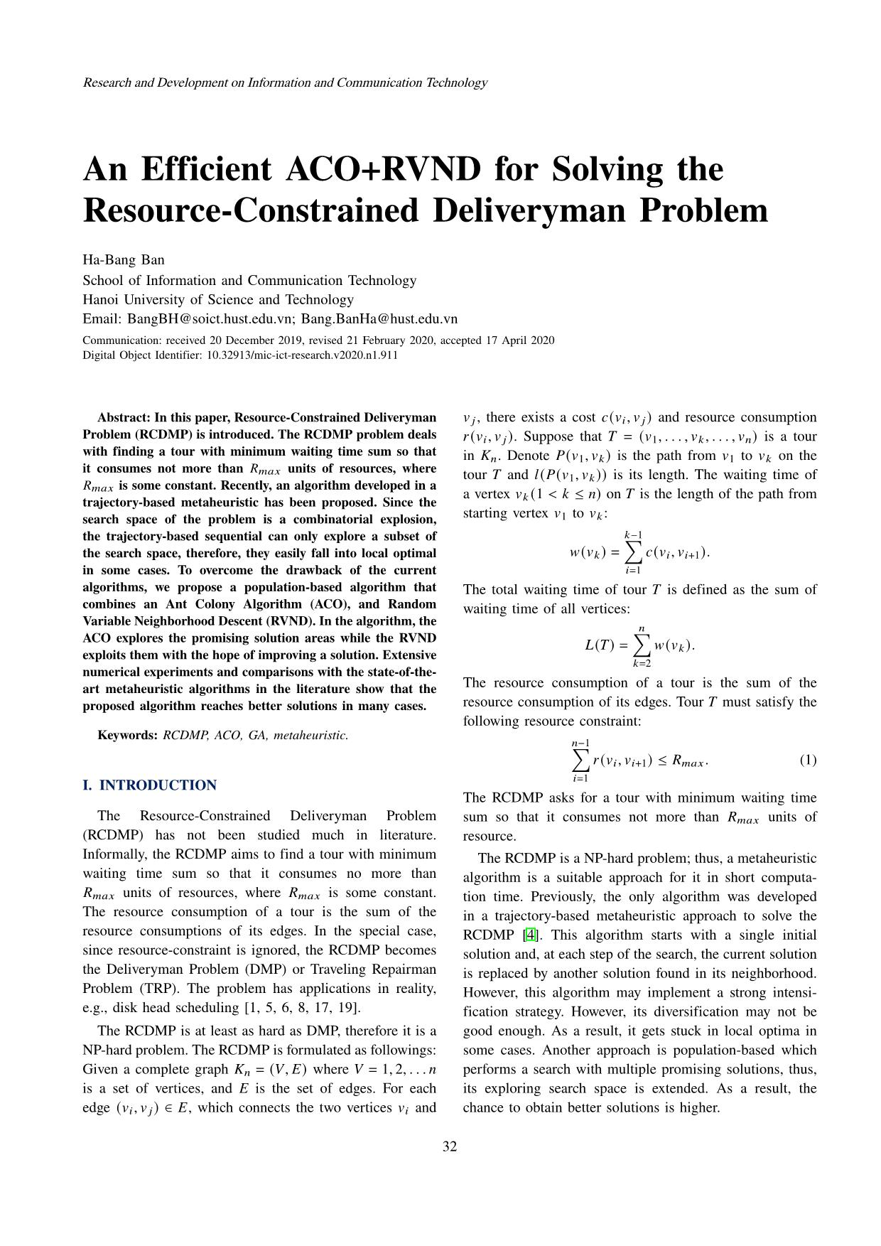 An efficient ACO+RVND for solving the resource-constrained deliveryman problem trang 1