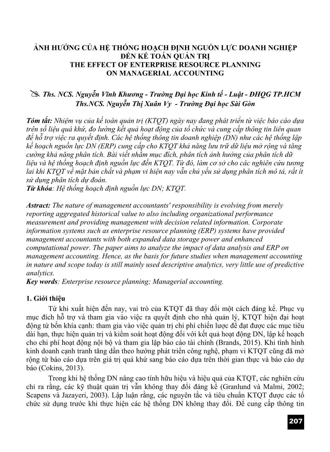 Ảnh hưởng của hệ thống hoạch định nguồn lực doanh nghiệp đến kế toán quản trị trang 1