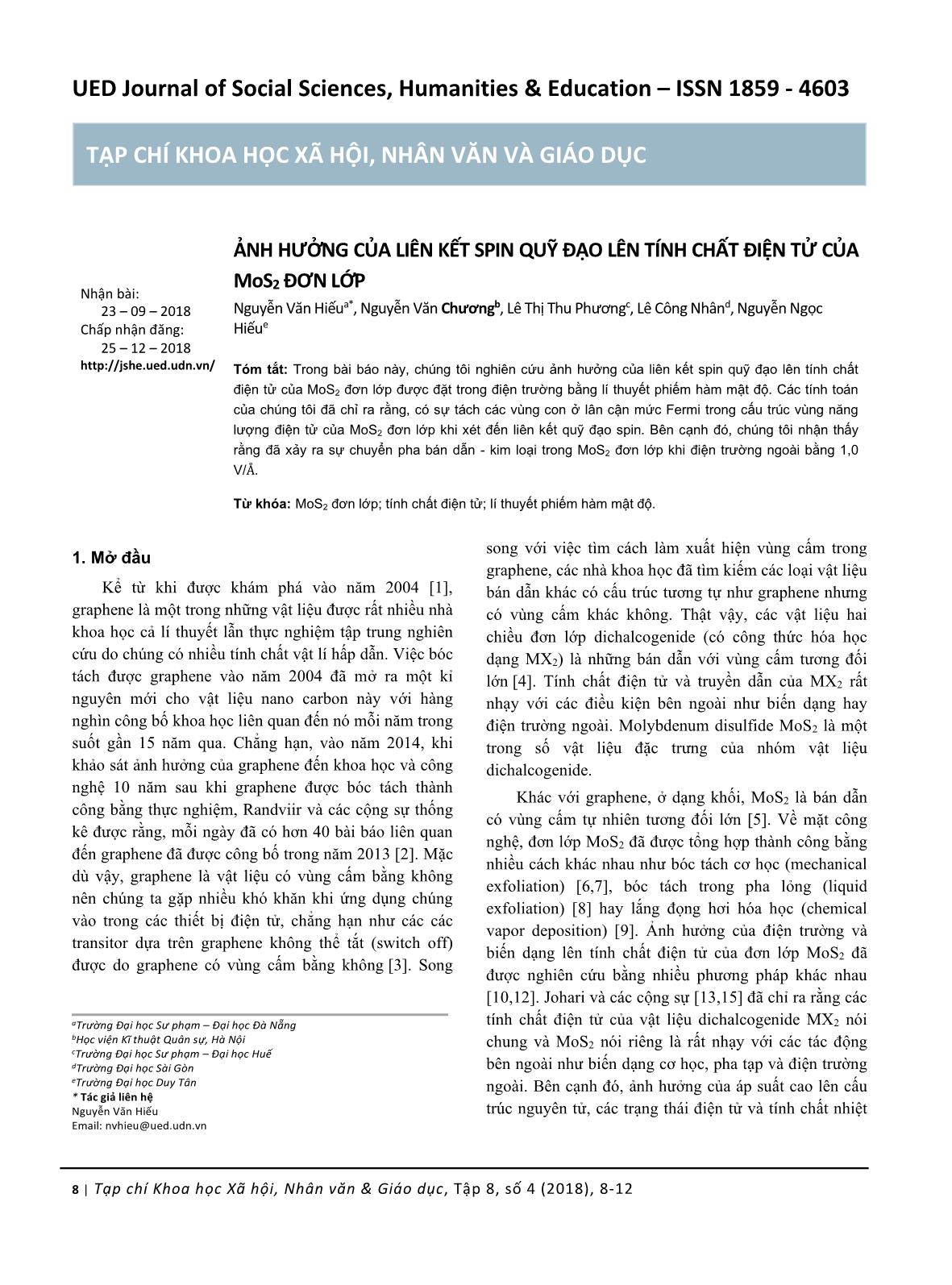 Ảnh hưởng của liên kết Spin quỹ đạo lên tính chất điện tử của mos2 đơn lớp trang 1