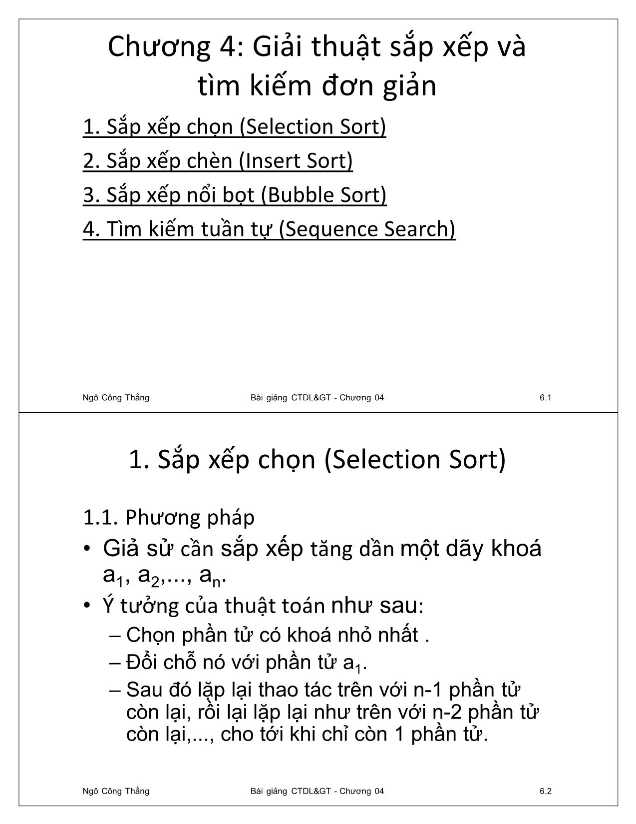 Bài giảng Cấu trúc dữ liệu và giải thuật - Chương 4: Giải thuật sắp xếp và tìm kiếm đơn giản - Ngô Công Thắng trang 1