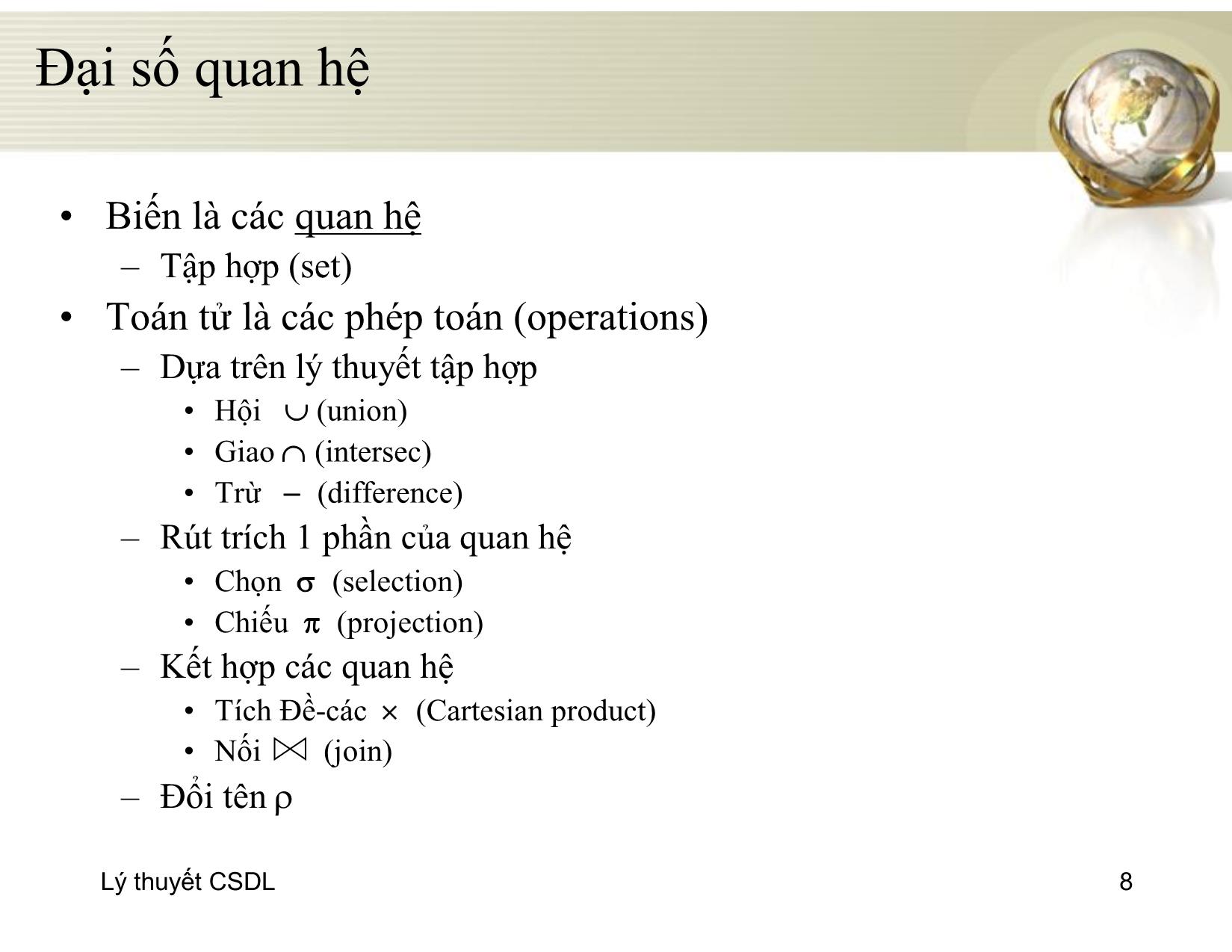 Bài giảng Cơ sở dữ liệu - Chương 4: Đại số quan hệ - Đỗ Thị Mai Hường trang 8