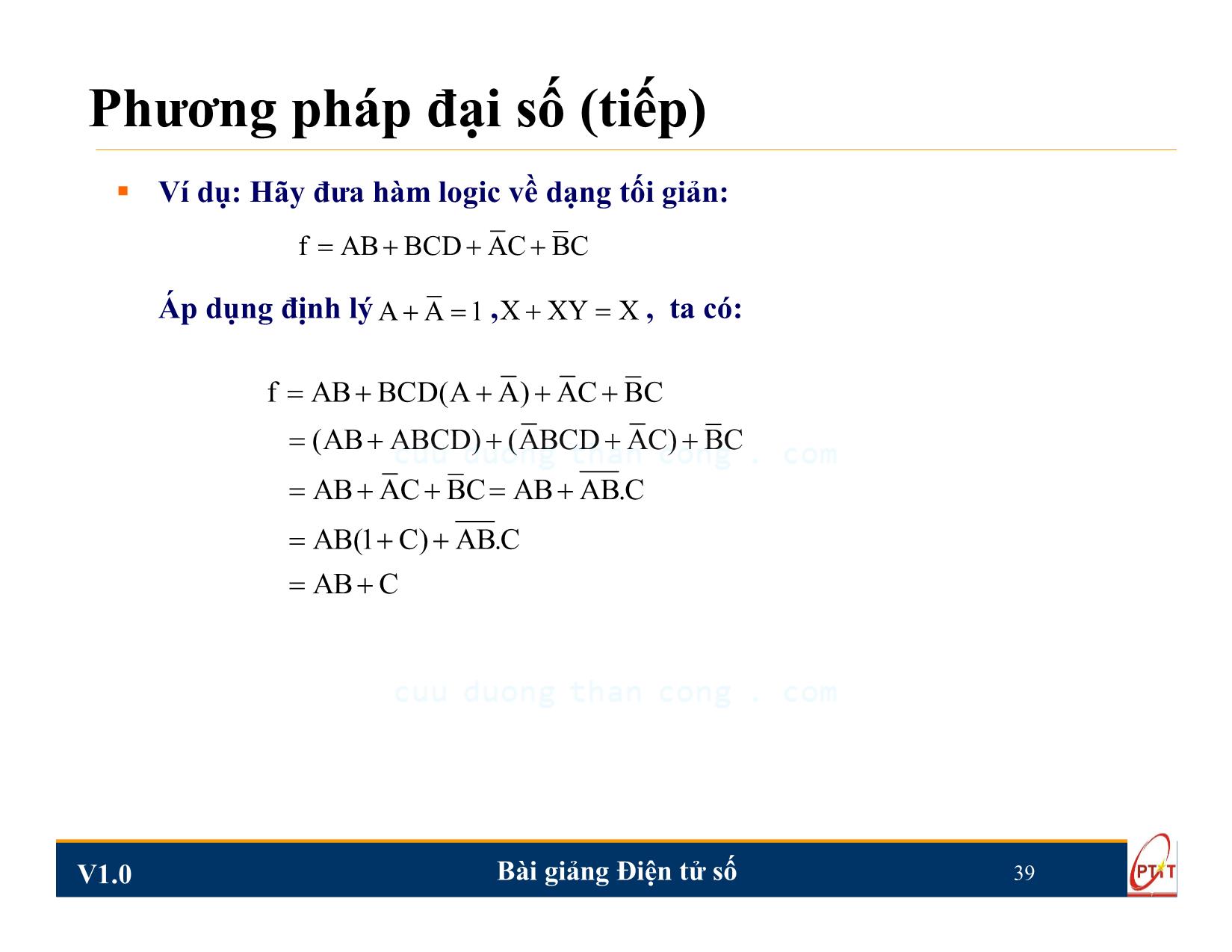 Bài giảng Điện tử số - Chương 2: Đại số Boole và các phương pháp biểu diễn hàm - Nguyễn Trung Hiếu trang 10