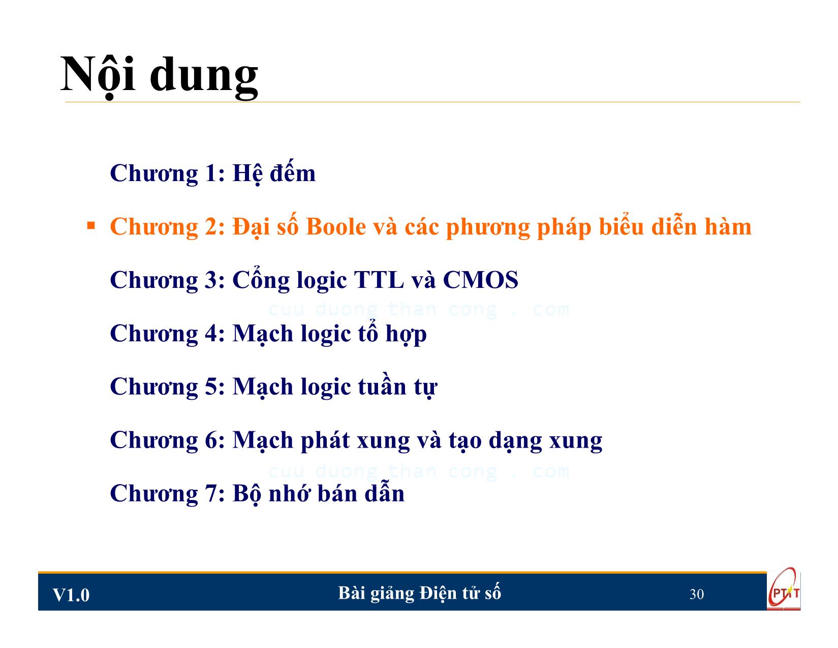 Bài giảng Điện tử số - Chương 2: Đại số Boole và các phương pháp biểu diễn hàm - Nguyễn Trung Hiếu trang 1