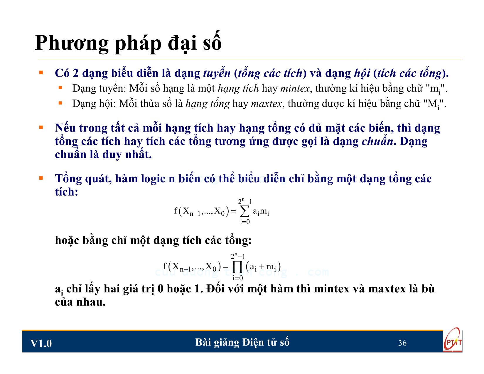 Bài giảng Điện tử số - Chương 2: Đại số Boole và các phương pháp biểu diễn hàm - Nguyễn Trung Hiếu trang 7