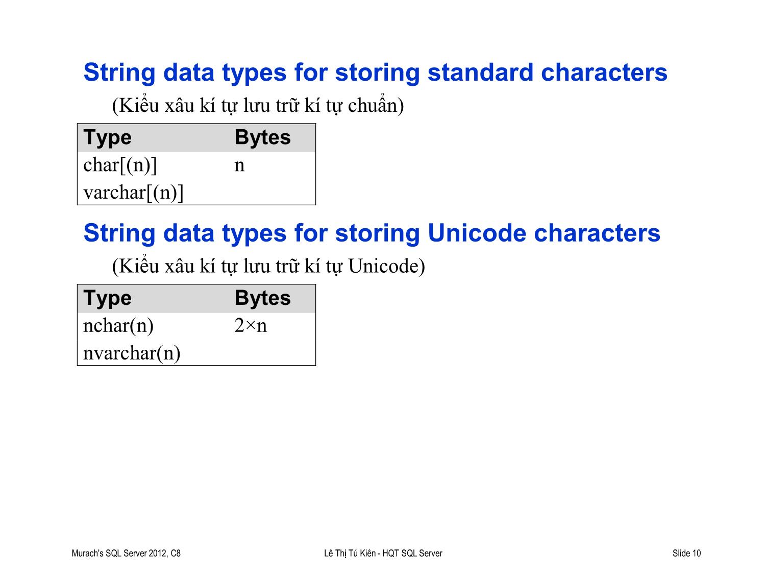 Bài giảng Hệ quản trị cơ sở dữ liệu SQL Server - Bài 2: Các kiểu dữ liệu và hàm trong SQL Server - Lê Thị Tú Kiên trang 10