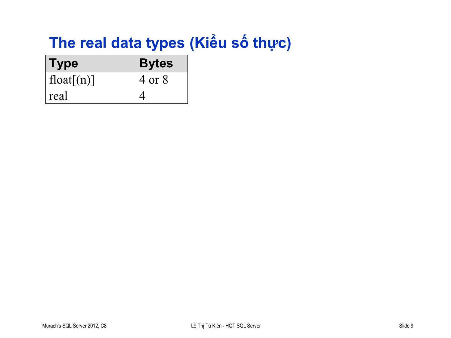 Bài giảng Hệ quản trị cơ sở dữ liệu SQL Server - Bài 2: Các kiểu dữ liệu và hàm trong SQL Server - Lê Thị Tú Kiên trang 9