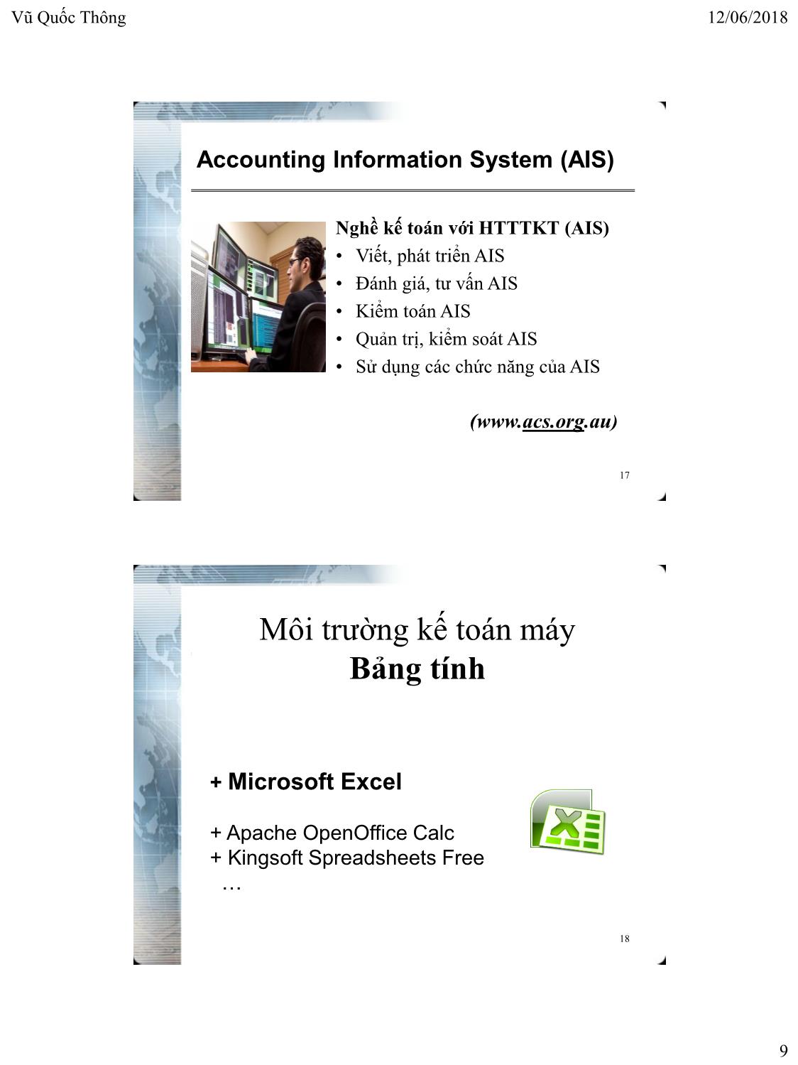 Bài giảng Hệ thống thông tin kế toán 1 - Chương 1: Tổng quan về hệ thống thông tin kế toán - Vũ Quốc Thông trang 9