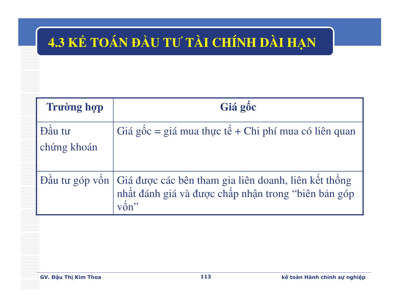 Bài giảng Kế toán hành chính sự nghiệp - Chương 4: Kế toán các khoản đầu tư tài chính - Đậu Thị Kim Thoa trang 6