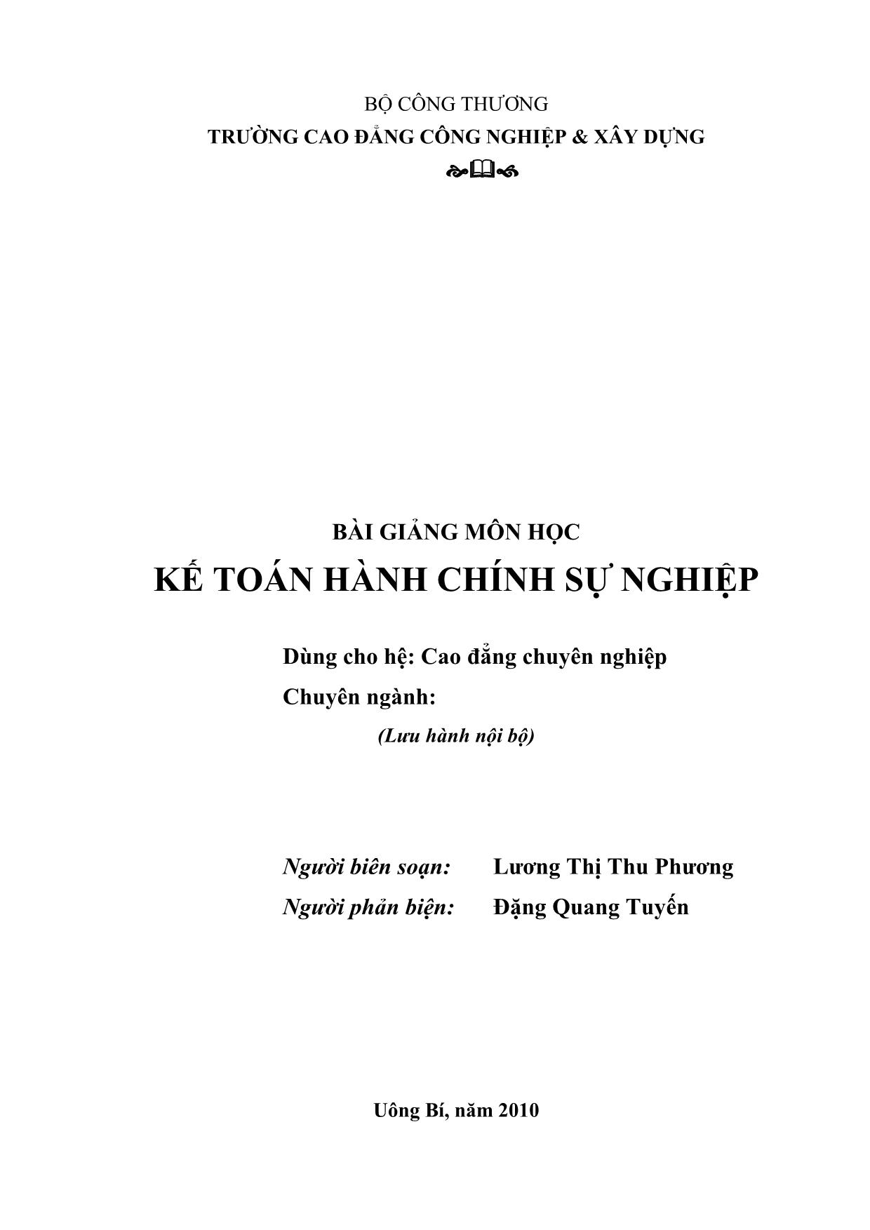 Bài giảng Kế toán hành chính sự nghiệp - Lương Thị Thu Phương trang 1