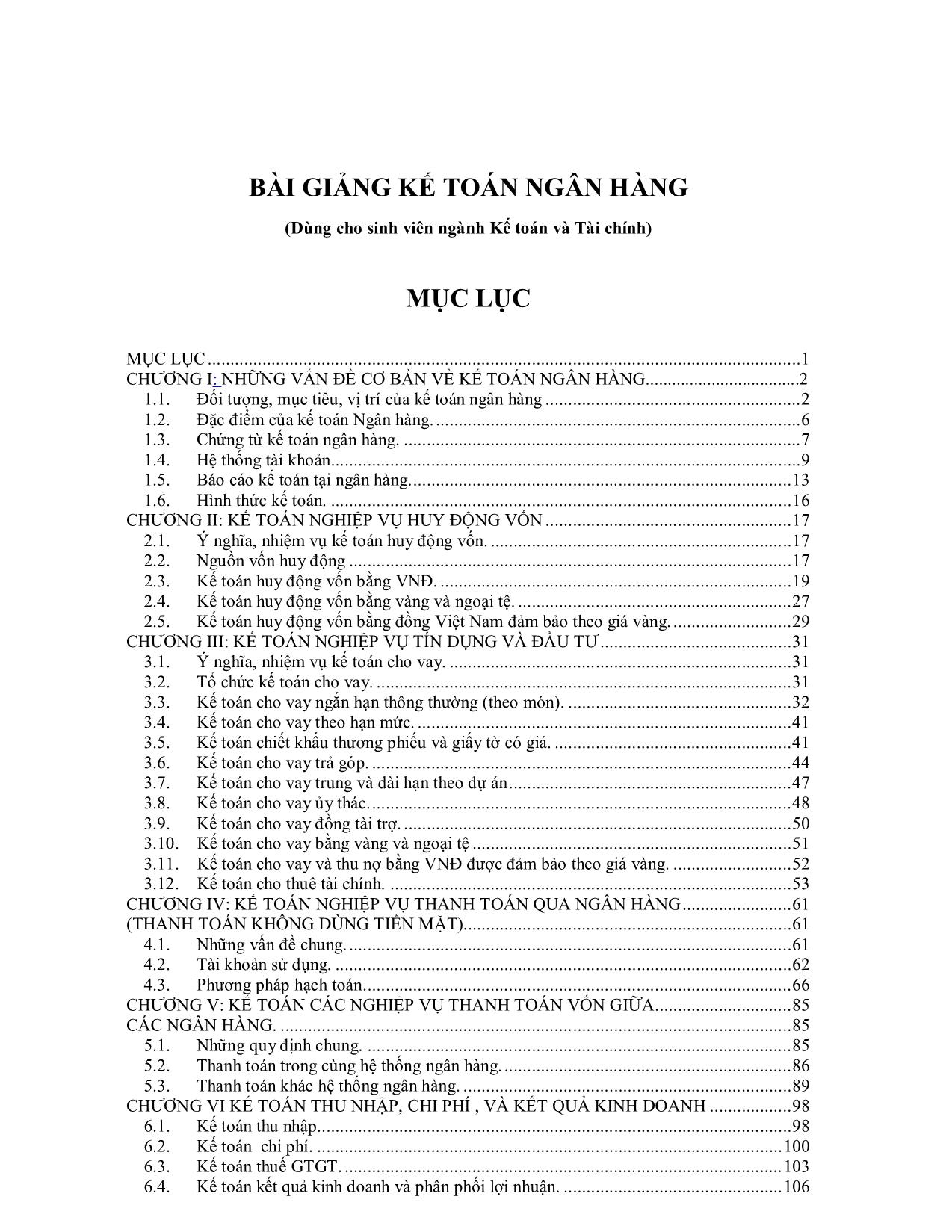 Bài giảng Kế toán ngân hàng - Chương I: Những vấn đề cơ bản về kế toán ngân hàng trang 1