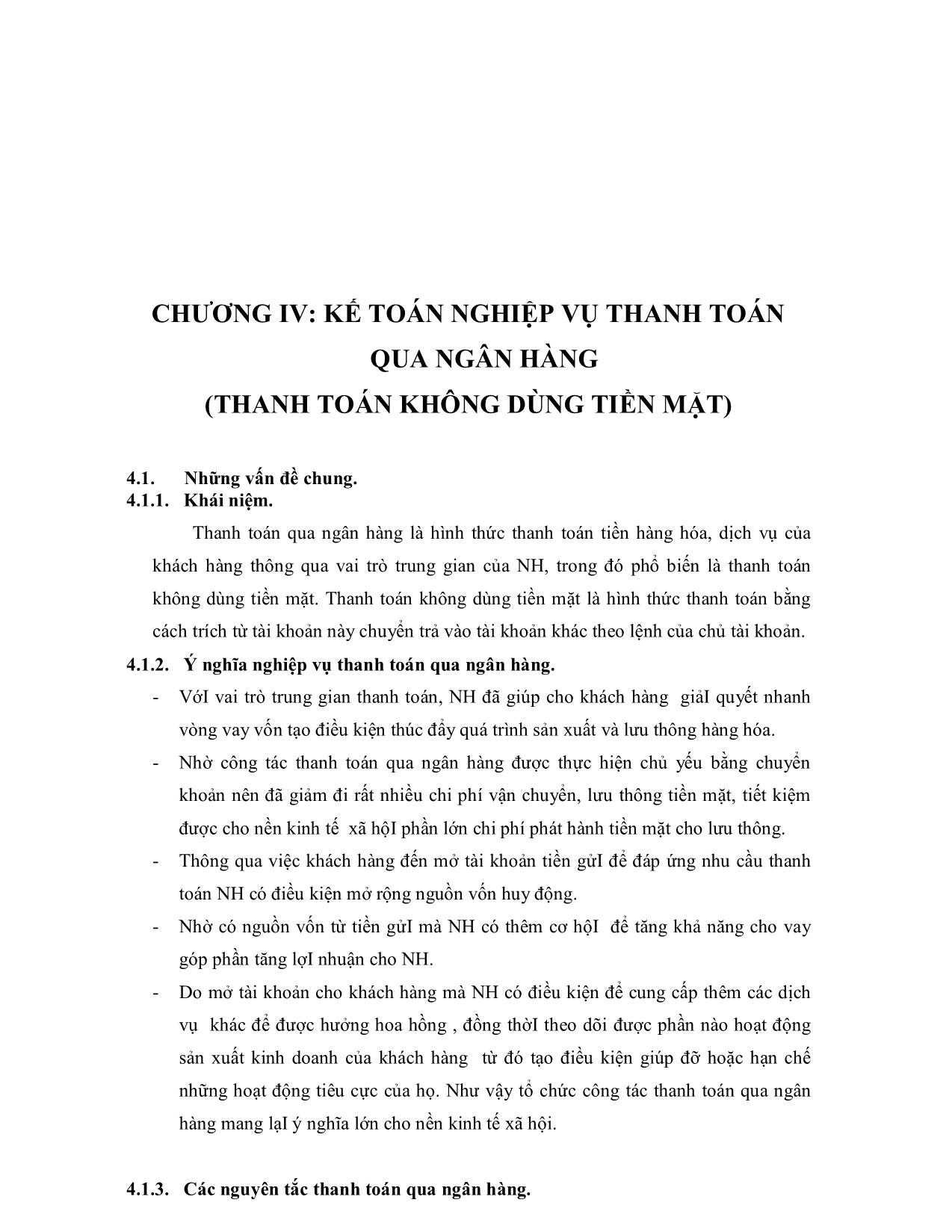 Bài giảng Kế toán ngân hàng - Chương IV: Kế toán nghiệp vụ thanh toán qua ngân hàng (Thanh toán không dùng tiền mặt) trang 1