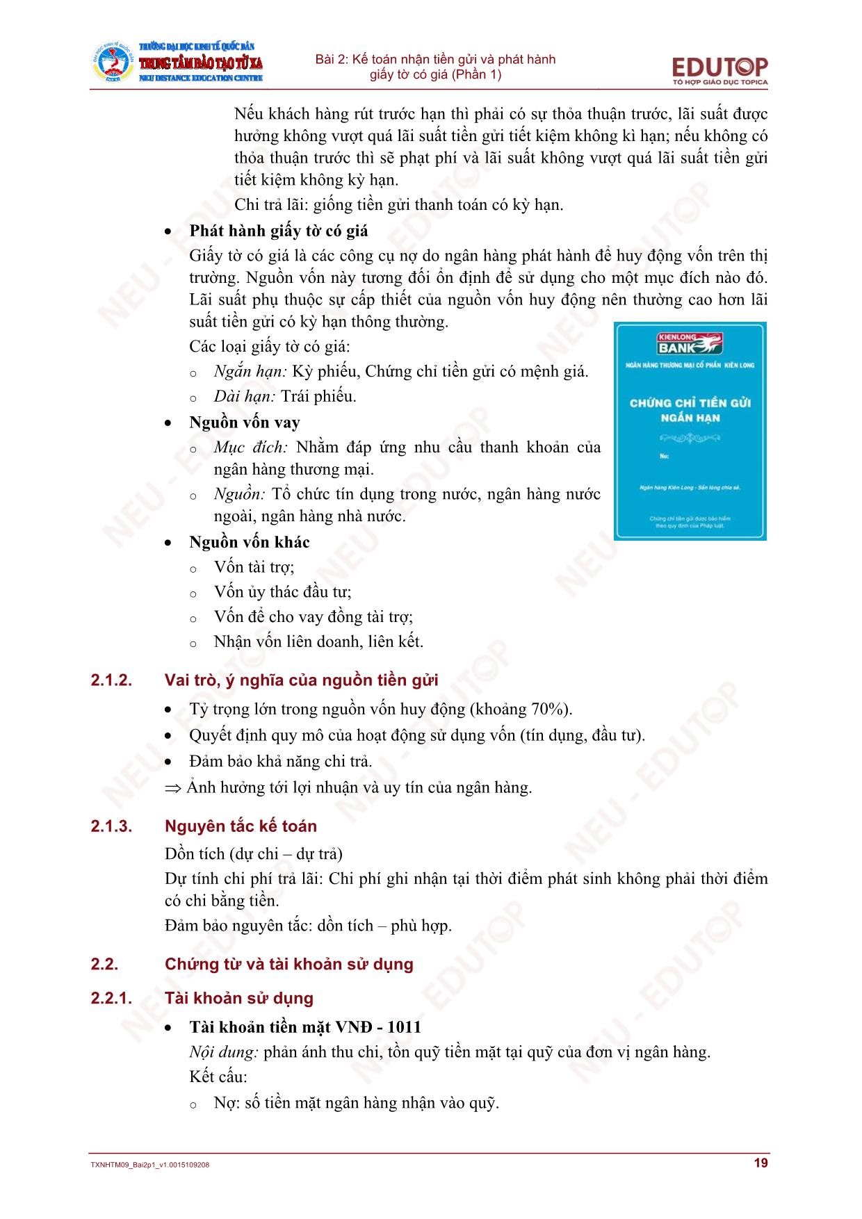 Bài giảng Kế toán ngân hàng thương mại - Bài 2: Kế toán nhận tiền gửi và phát hành giấy tờ có giá (Phần 1) trang 5