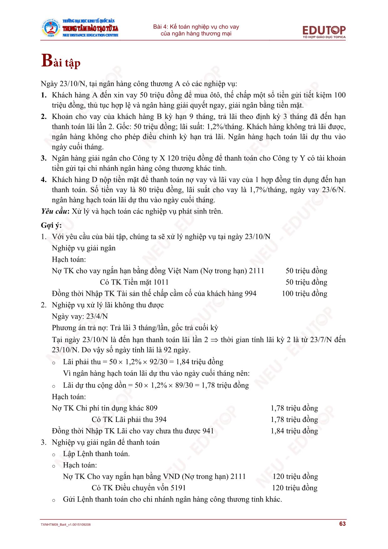 Bài giảng Kế toán ngân hàng thương mại - Bài 4: Kế toán nghiệp vụ cho vay của ngân hàng thương mại (Mới nhất) trang 10