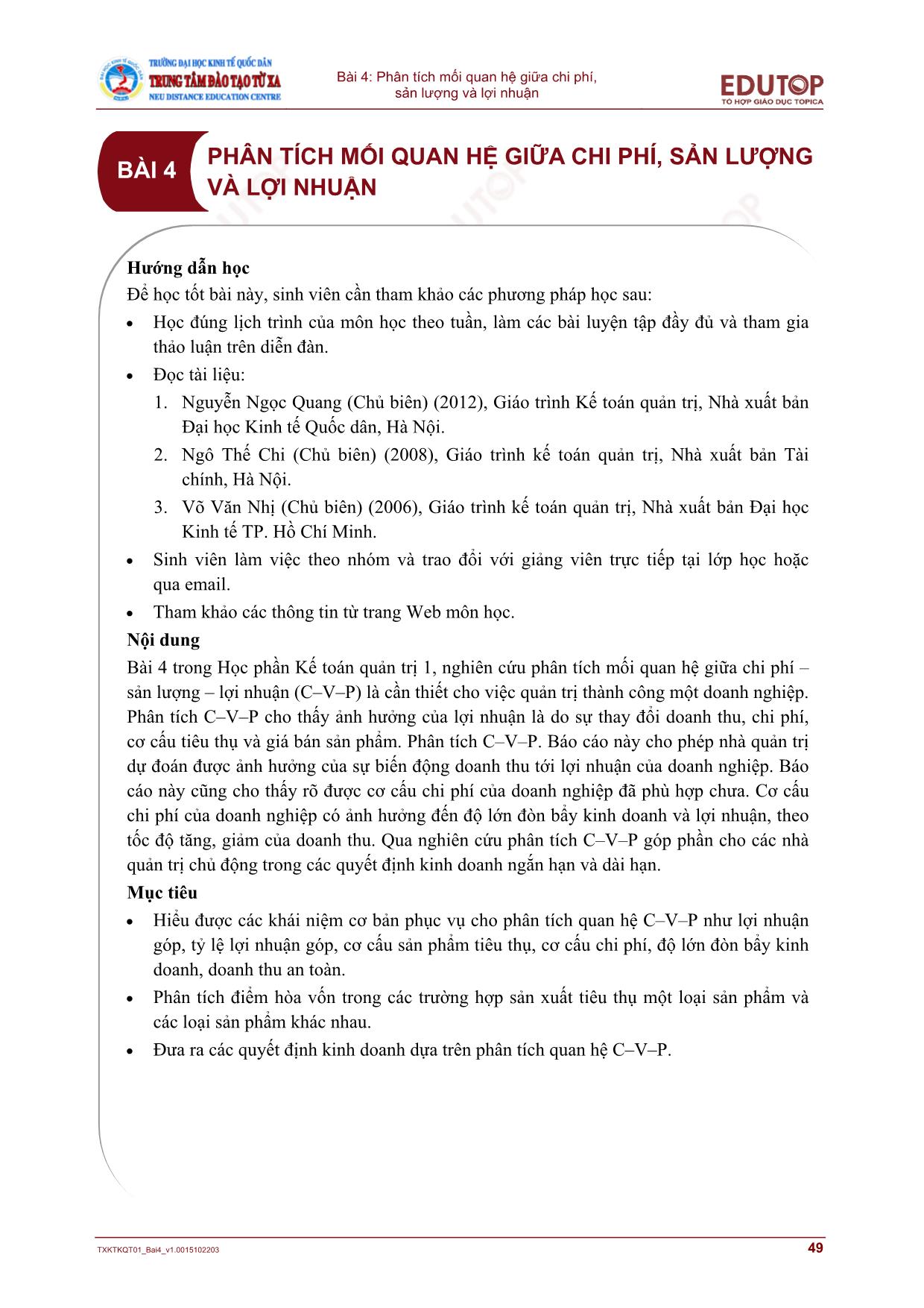 Bài giảng Kế toán quản trị 1 - Bài 4: Phân tích mối quan hệ giữa chi phí, sản lượng và lợi nhuận trang 1