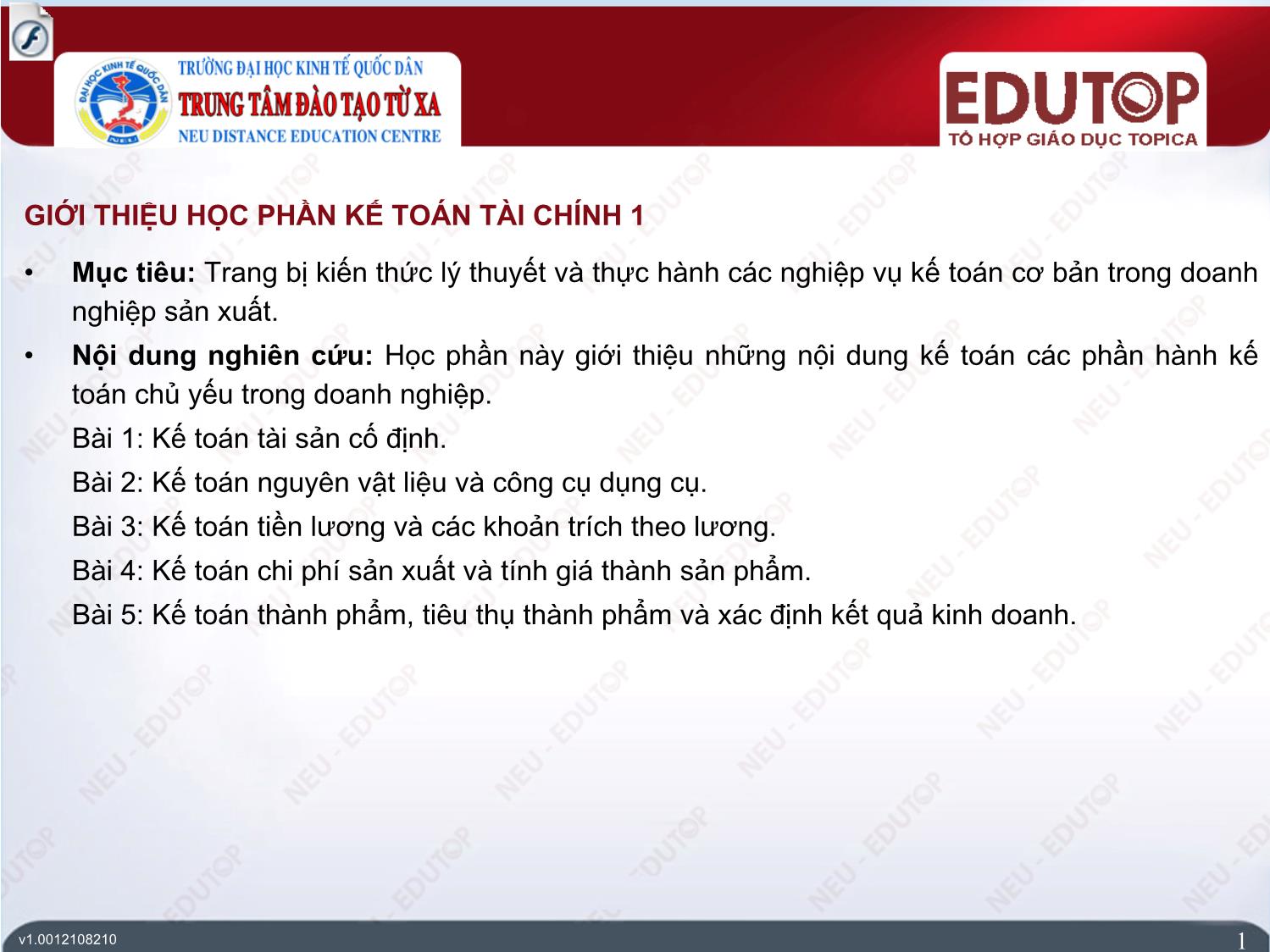 Bài giảng Kế toán tài chính 1 - Bài 1: Kế toán tài sản cố định - Đoàn Thị Trúc Quỳnh trang 1