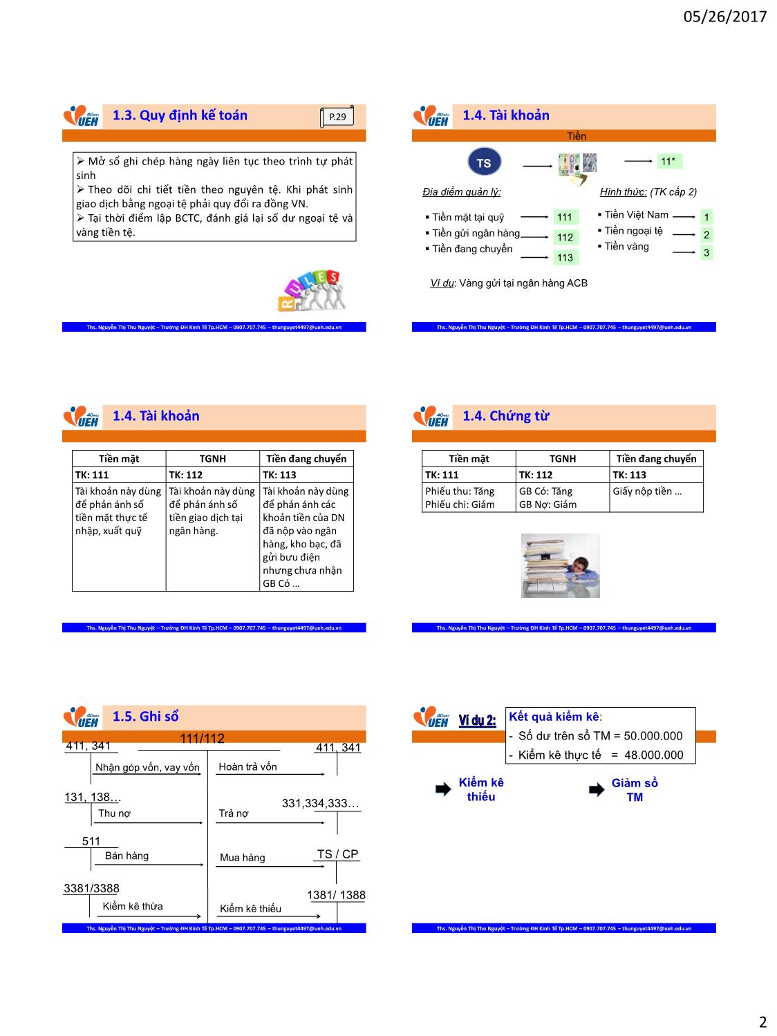 Bài giảng Kế toán tài chính 1 - Chương 2: Tiền & Nợ phải thu - Nguyễn Thị Thu Nguyệt trang 2