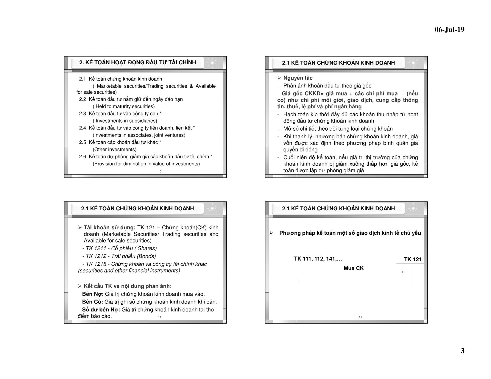 Bài giảng Kế toán tài chính 1 - Chương 6: Kế toán hoạt động đầu tư tài chính (Mới nhất) trang 3