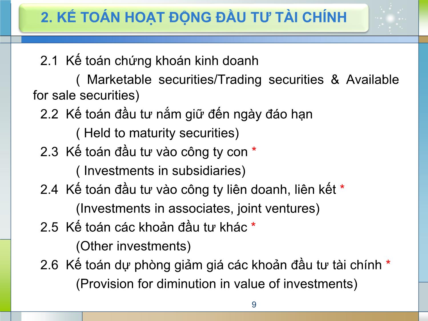 Bài giảng Kế toán tài chính 1 - Chương 6: Kế toán hoạt động đầu tư tài chính trang 9