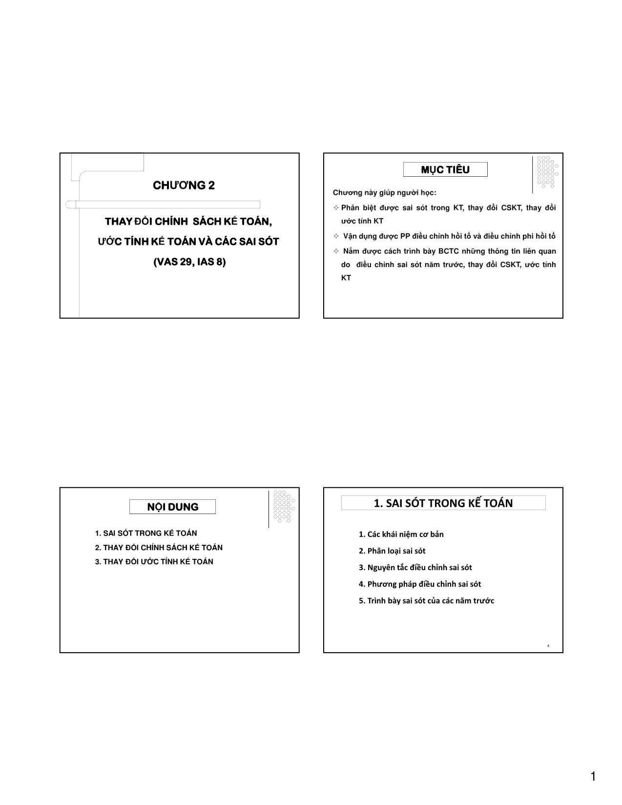 Bài giảng Kế toán tài chính 3 - Chương 2: Thay đổi chính sách kế toán, ước tính kế toán và các sai sót (VAS 29, IAS 8) trang 1