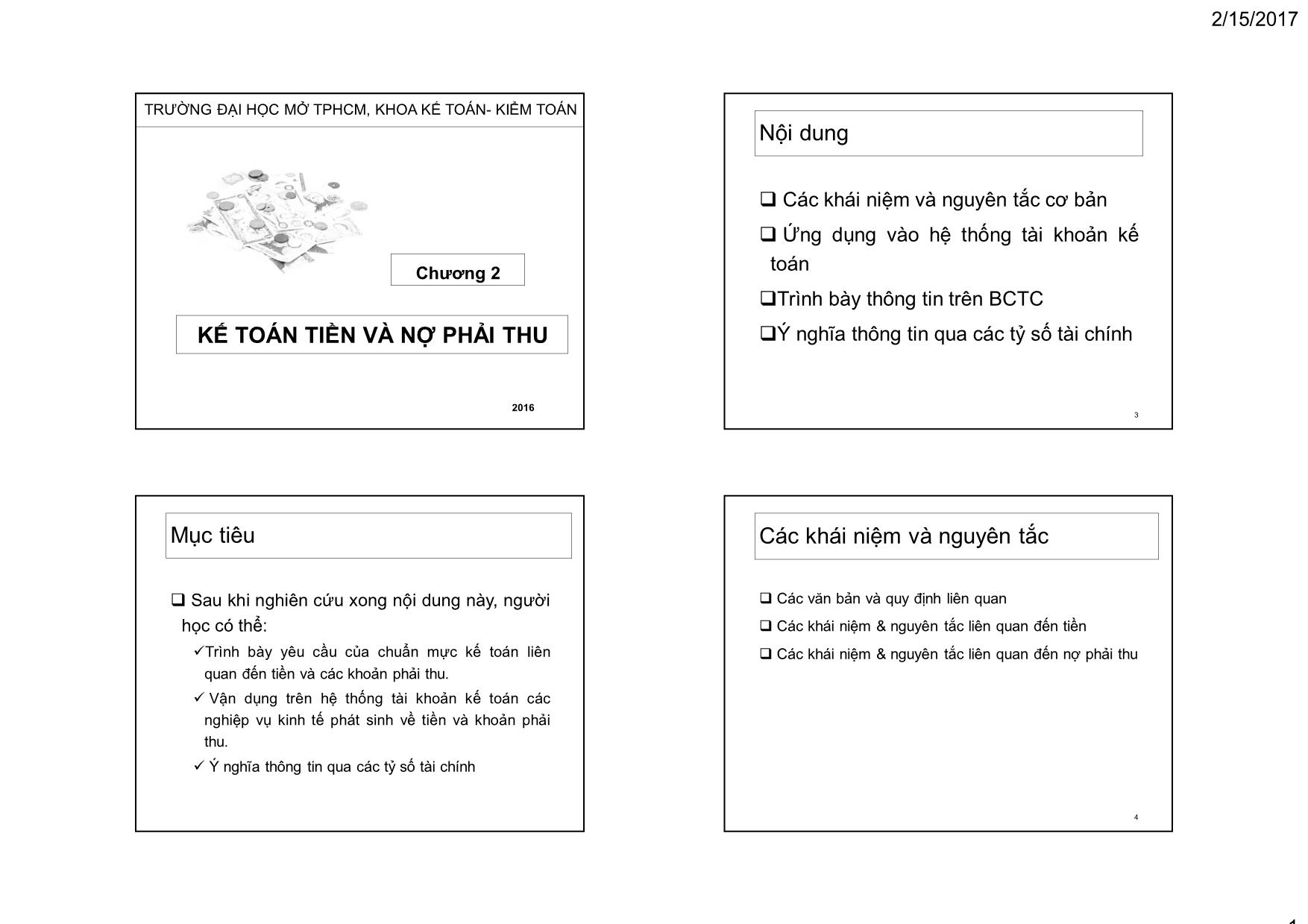 Bài giảng Kế toán tài chính - Chương 2: Kế toán tiền và nợ phải thu - Nguyễn Thị Ngọc Điệp trang 1