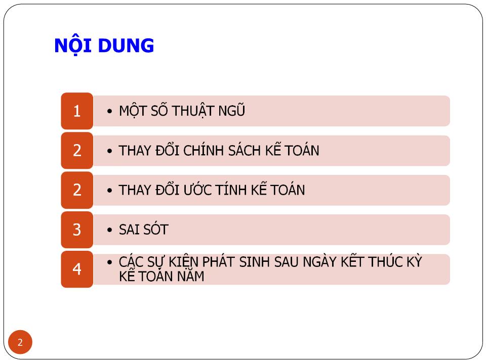 Bài giảng Kế toán tài chính doanh nghiệp (Phần 4) - Chương 3: Kế toán các nội dung liên quan đến thay đổi chính sách kế toán, ước tính kế toán và các sai sót (VAS 23, VAS 29) - Nguyễn Thị Thanh Thủy trang 2