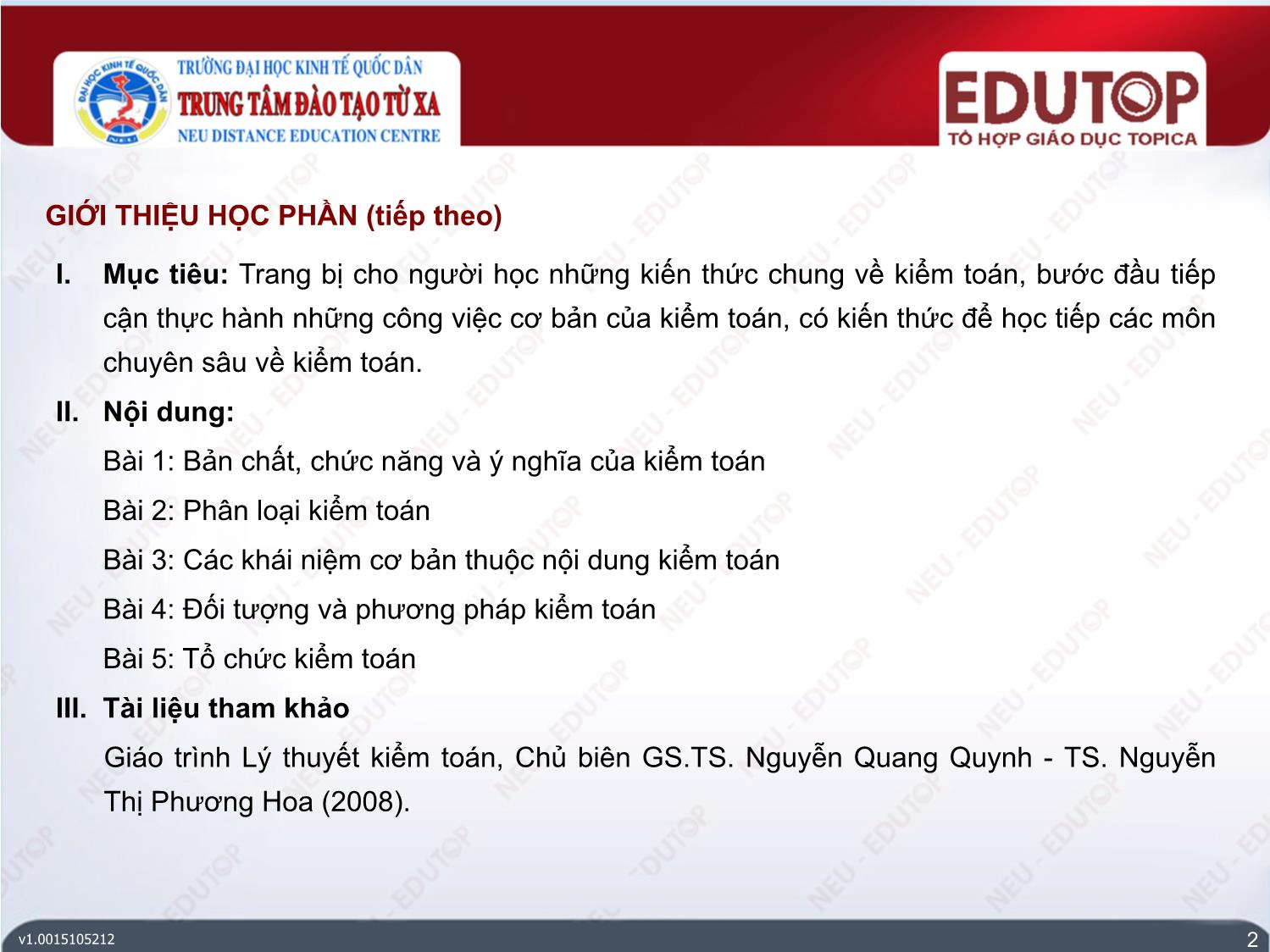 Bài giảng Kiểm toán căn bản - Bài 1: Bản chất, chức năng và ý nghĩa của kiểm toán - Đoàn Thanh Nga trang 2