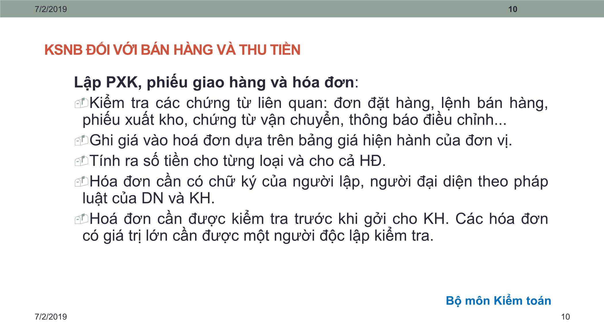 Bài giảng Kiểm toán căn bản - Chương 2: Kiểm toán doanh thu bán hàng & nợ phải thu trang 10