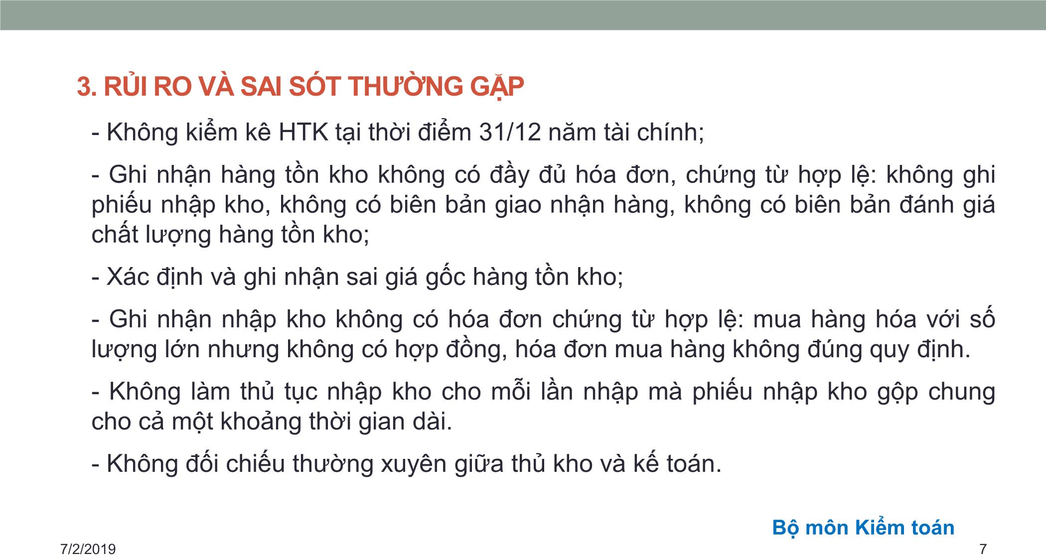 Bài giảng Kiểm toán căn bản - Chương 3: Kiểm toán hàng tồn kho và giá vốn hàng bán trang 7