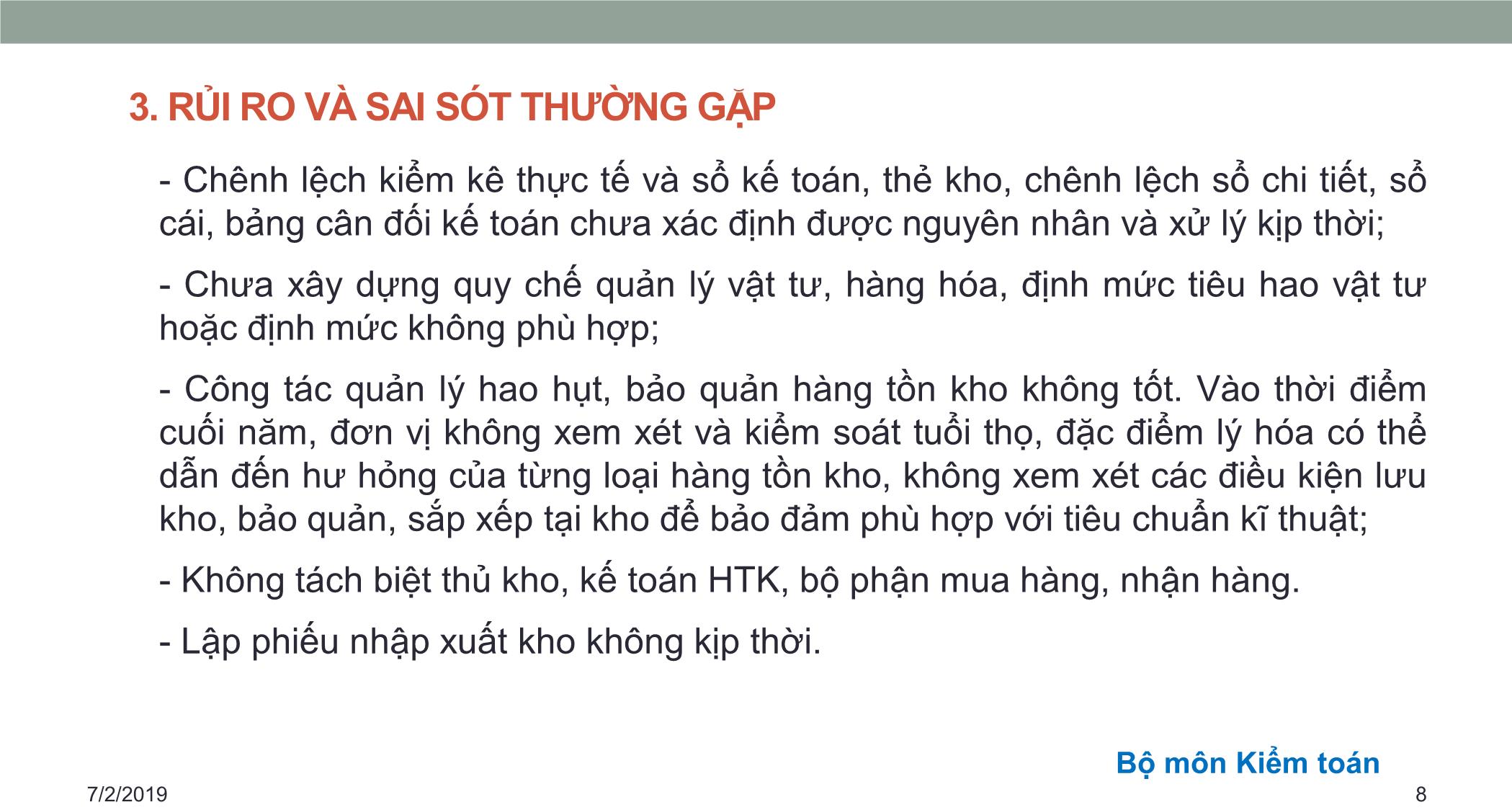 Bài giảng Kiểm toán căn bản - Chương 3: Kiểm toán hàng tồn kho và giá vốn hàng bán trang 8