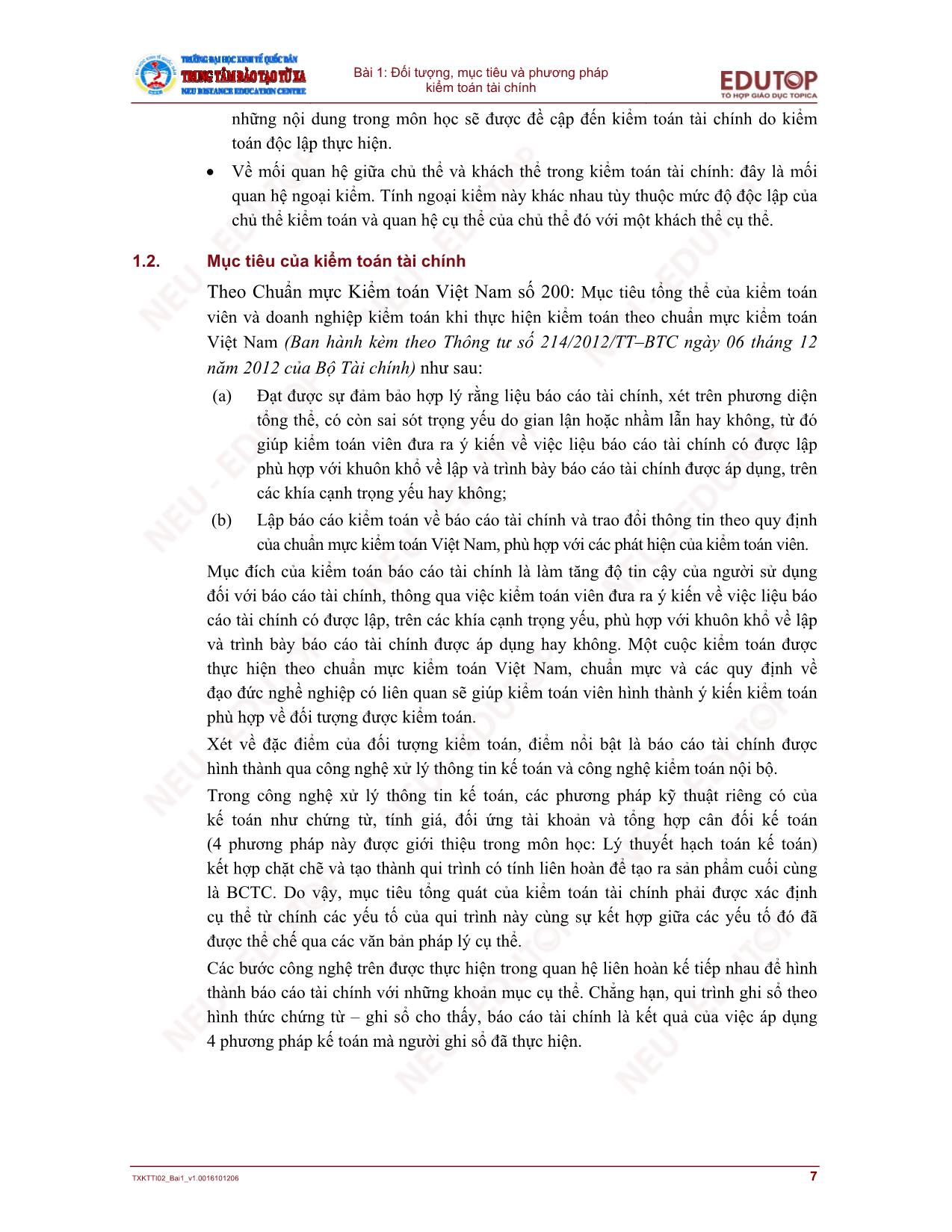 Bài giảng Kiểm toán tài chính - Bài 1: Đối tượng, mục tiêu và phương pháp kiểm toán tài chính trang 7