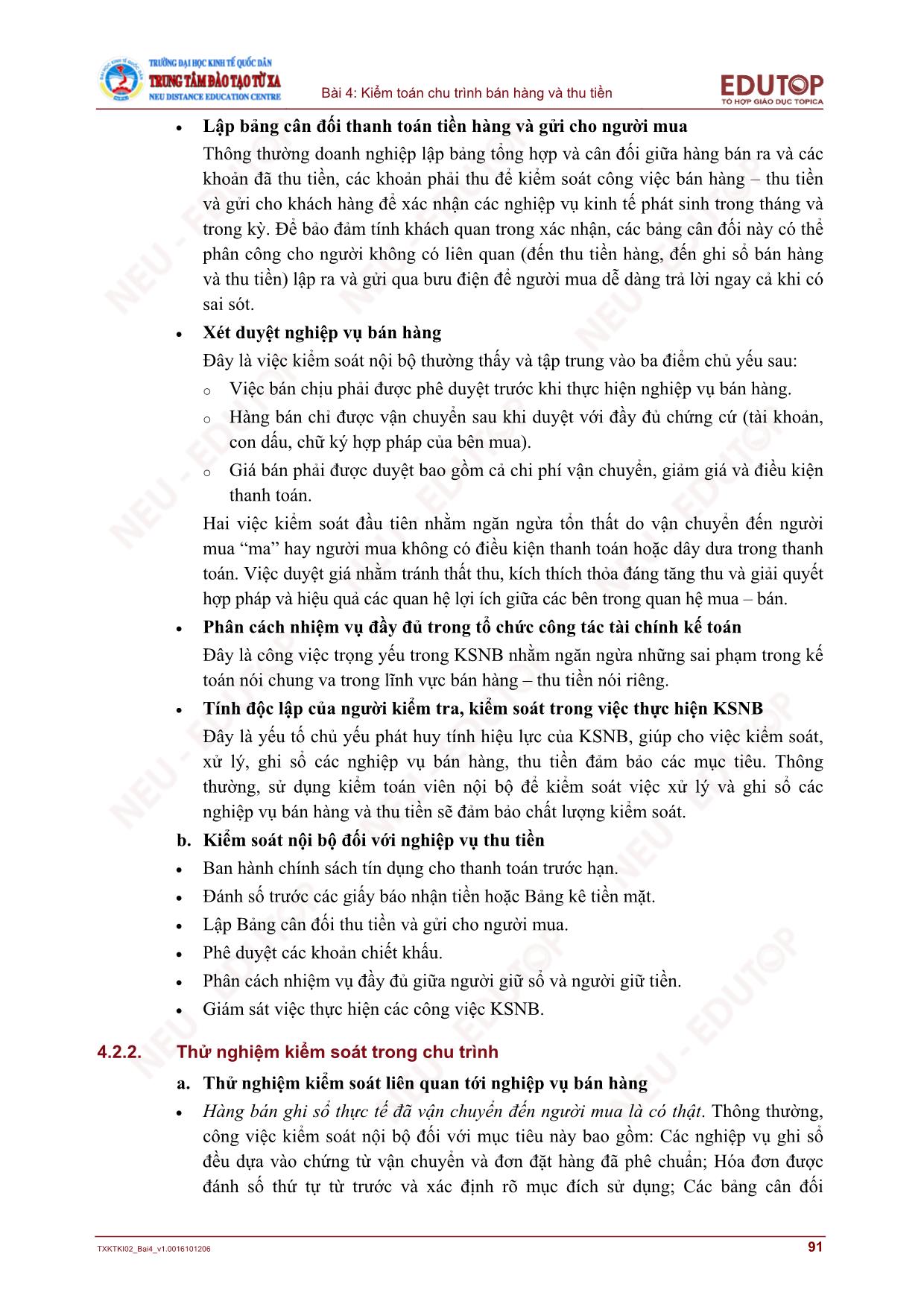 Bài giảng Kiểm toán tài chính - Bài 4: Kiểm toán chu trình bán hàng và thu tiền trang 8