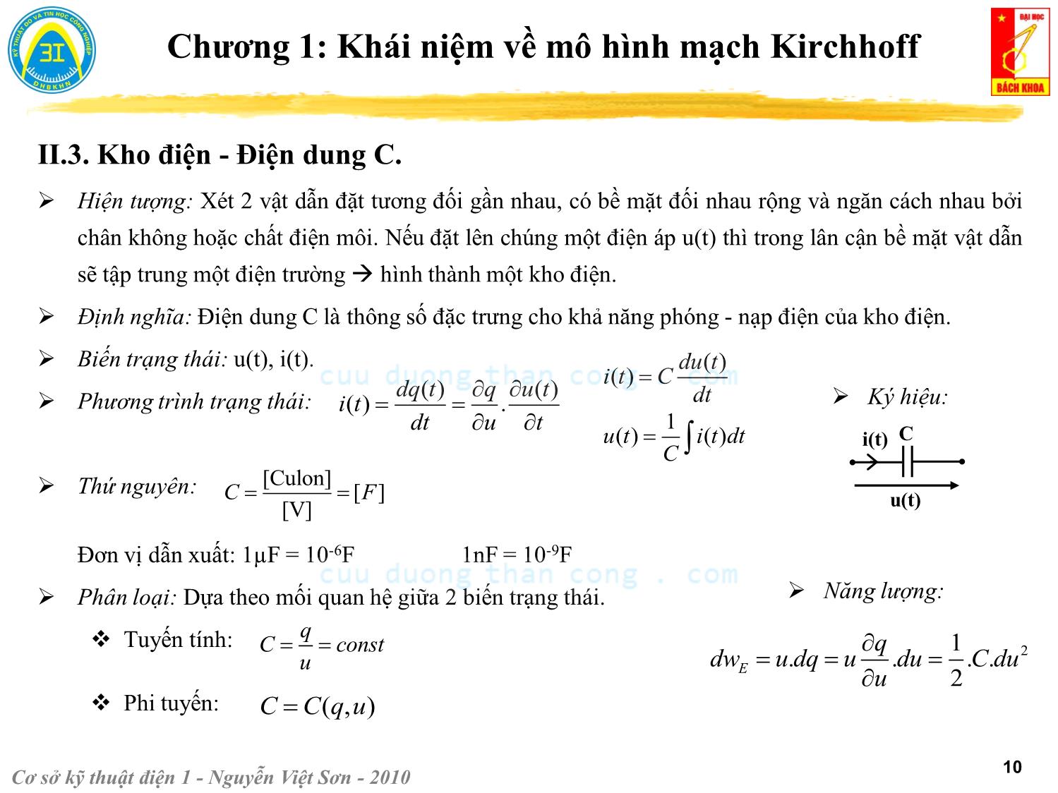 Bài giảng Kỹ thuật điện 1 - Chương 1: Khái niệm về mô hình mạch Kirchhoff - Nguyễn Việt Sơn trang 10