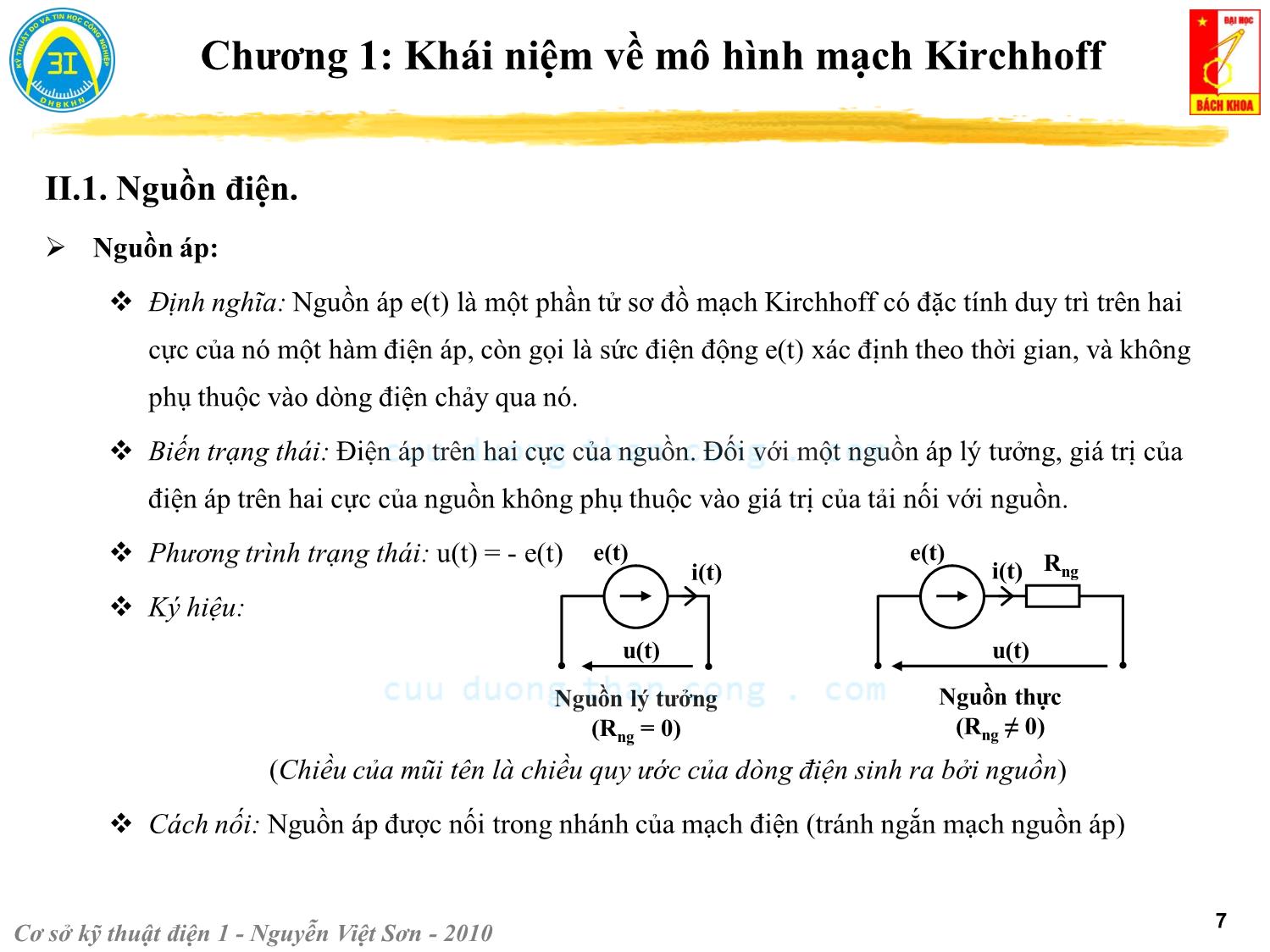 Bài giảng Kỹ thuật điện 1 - Chương 1: Khái niệm về mô hình mạch Kirchhoff - Nguyễn Việt Sơn trang 7