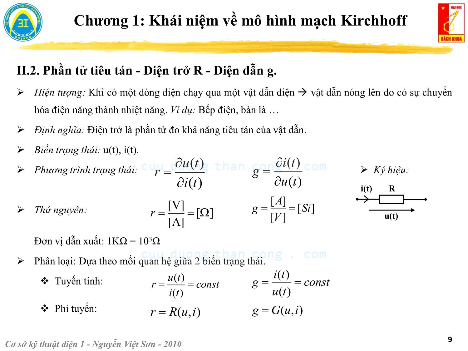 Bài giảng Kỹ thuật điện 1 - Chương 1: Khái niệm về mô hình mạch Kirchhoff - Nguyễn Việt Sơn trang 9