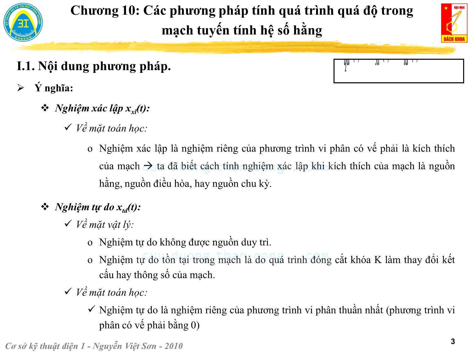Bài giảng Kỹ thuật điện 1 - Chương 10: Các phương pháp tính quá trình quá độ trong mạch điện tuyến tính - Nguyễn Việt Sơn trang 3