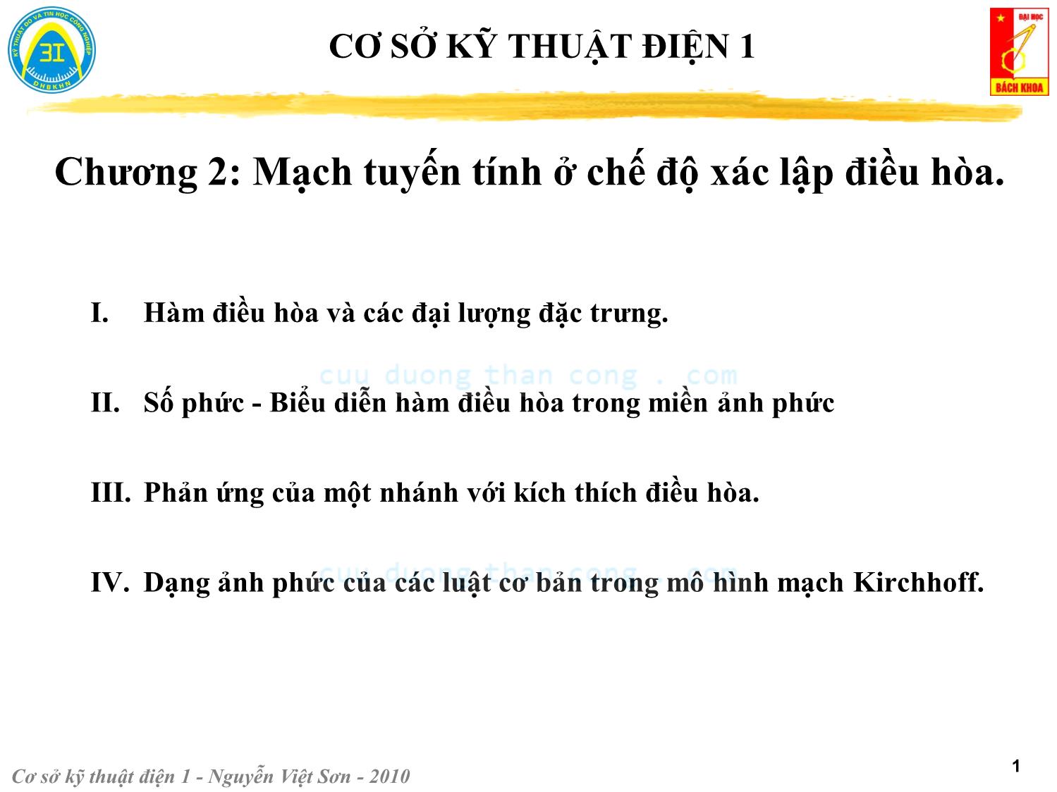 Bài giảng Kỹ thuật điện 1 - Chương 2: Mạch tuyến tính ở chế độ xác lập điều hòa - Nguyễn Việt Sơn trang 1