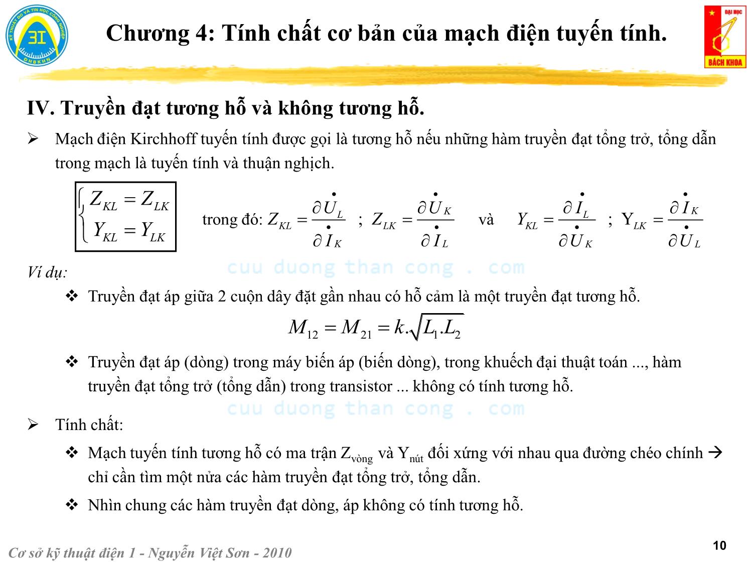 Bài giảng Kỹ thuật điện 1 - Chương 4: Tính chất cơ bản của mạch điện tuyến tính - Nguyễn Việt Sơn trang 10