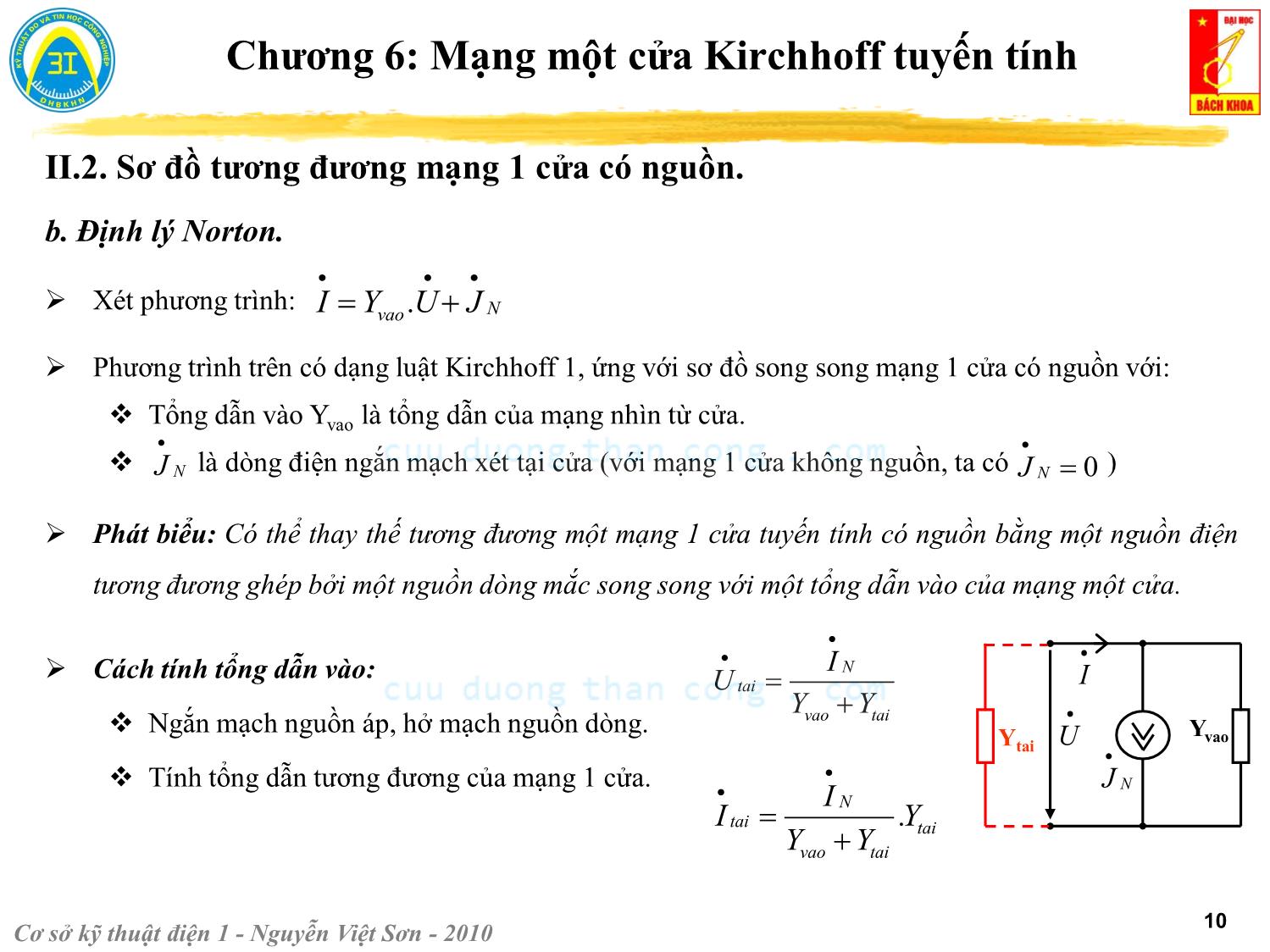 Bài giảng Kỹ thuật điện 1 - Chương 6: Mạng một cửa Kirchhoff tuyến tính - Nguyễn Việt Sơn trang 10