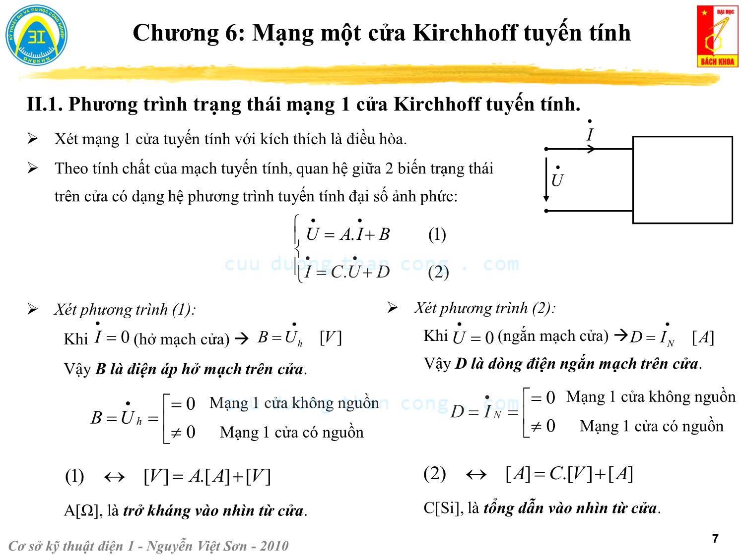 Bài giảng Kỹ thuật điện 1 - Chương 6: Mạng một cửa Kirchhoff tuyến tính - Nguyễn Việt Sơn trang 7