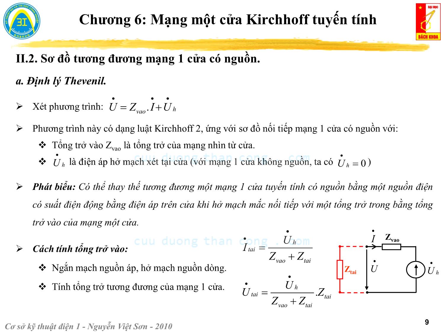 Bài giảng Kỹ thuật điện 1 - Chương 6: Mạng một cửa Kirchhoff tuyến tính - Nguyễn Việt Sơn trang 9