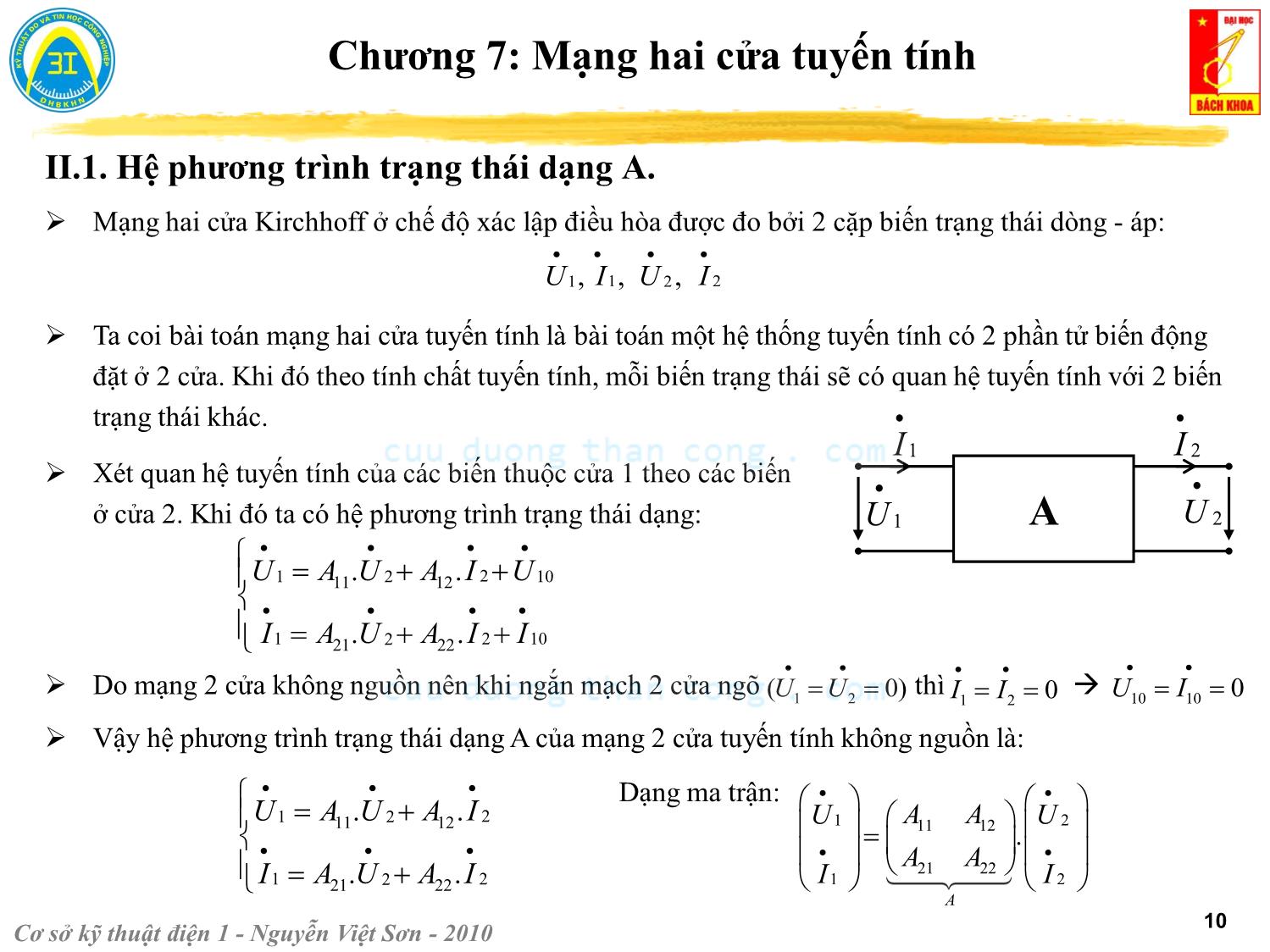 Bài giảng Kỹ thuật điện 1 - Chương 7: Mạng hai cửa tuyến tính - Nguyễn Việt Sơn trang 10