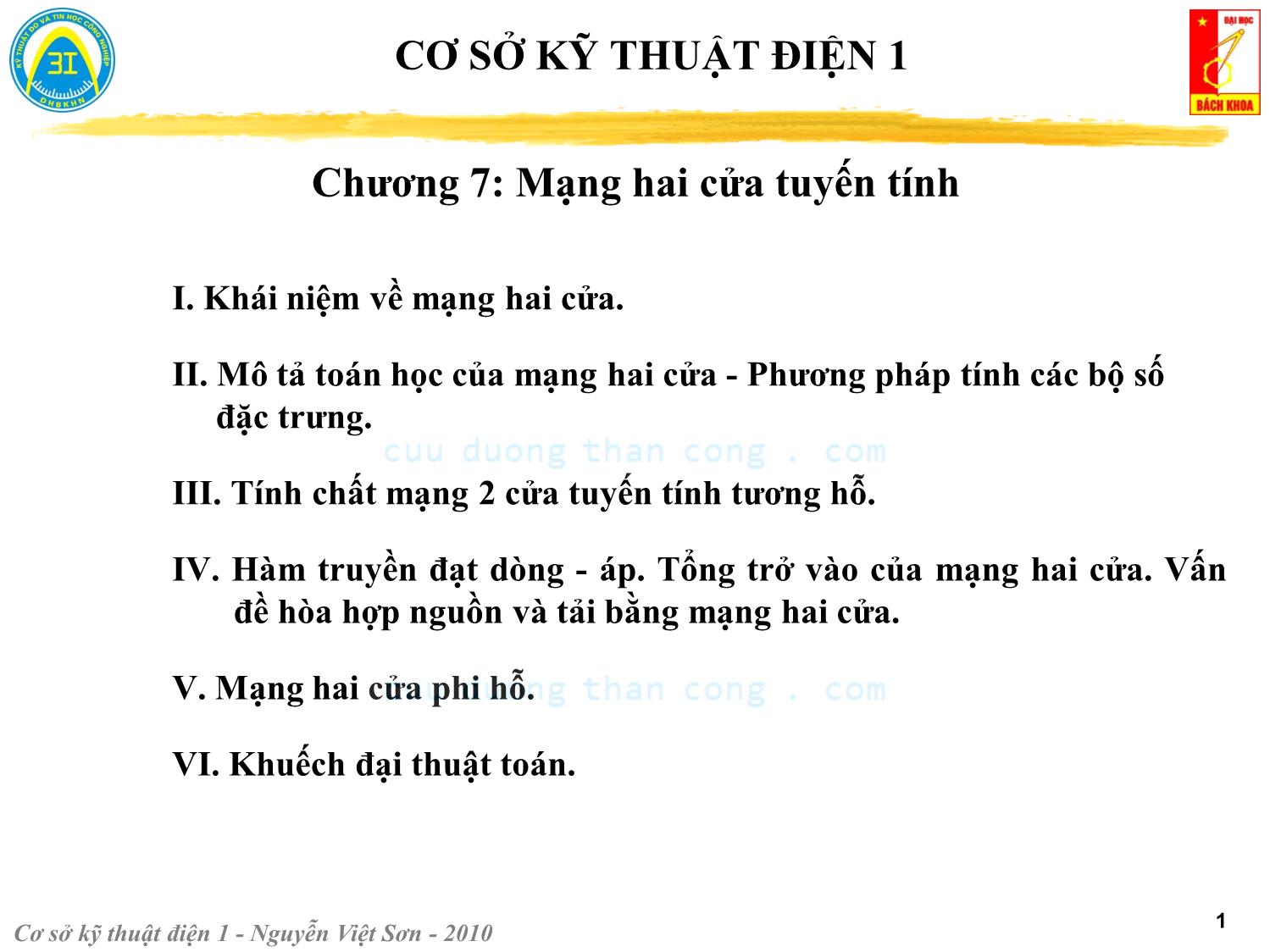 Bài giảng Kỹ thuật điện 1 - Chương 7: Mạng hai cửa tuyến tính - Nguyễn Việt Sơn trang 1