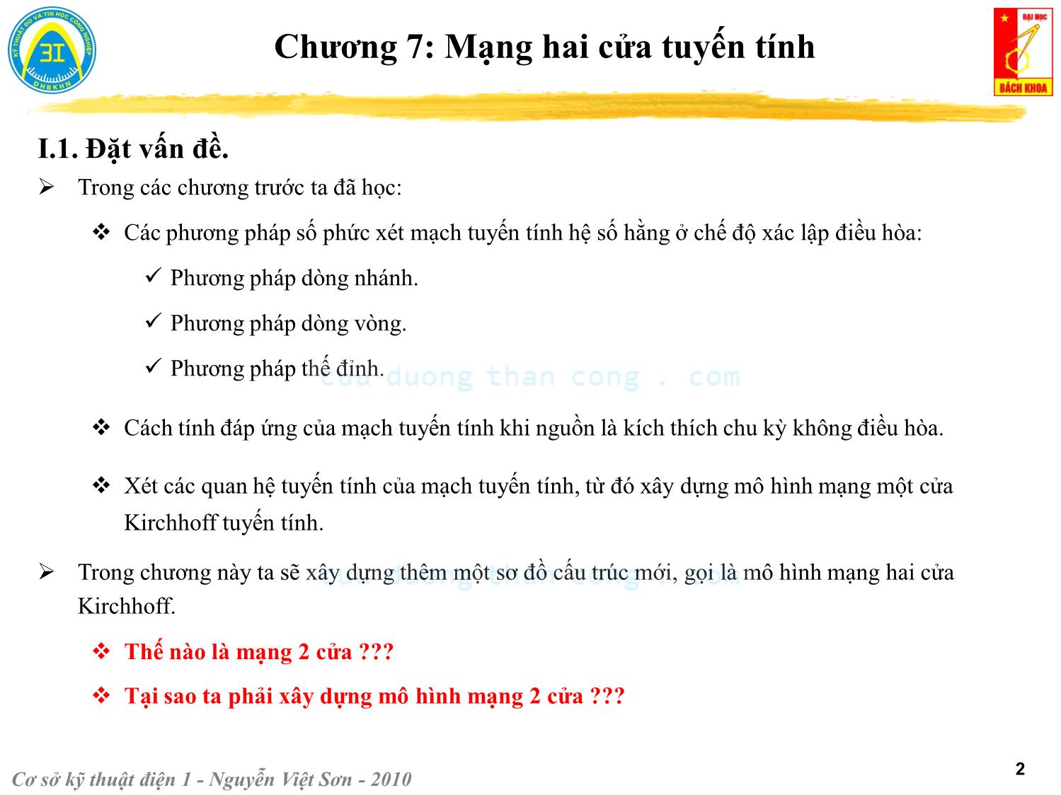 Bài giảng Kỹ thuật điện 1 - Chương 7: Mạng hai cửa tuyến tính - Nguyễn Việt Sơn trang 2