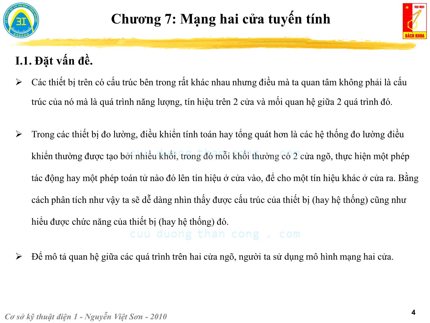 Bài giảng Kỹ thuật điện 1 - Chương 7: Mạng hai cửa tuyến tính - Nguyễn Việt Sơn trang 4