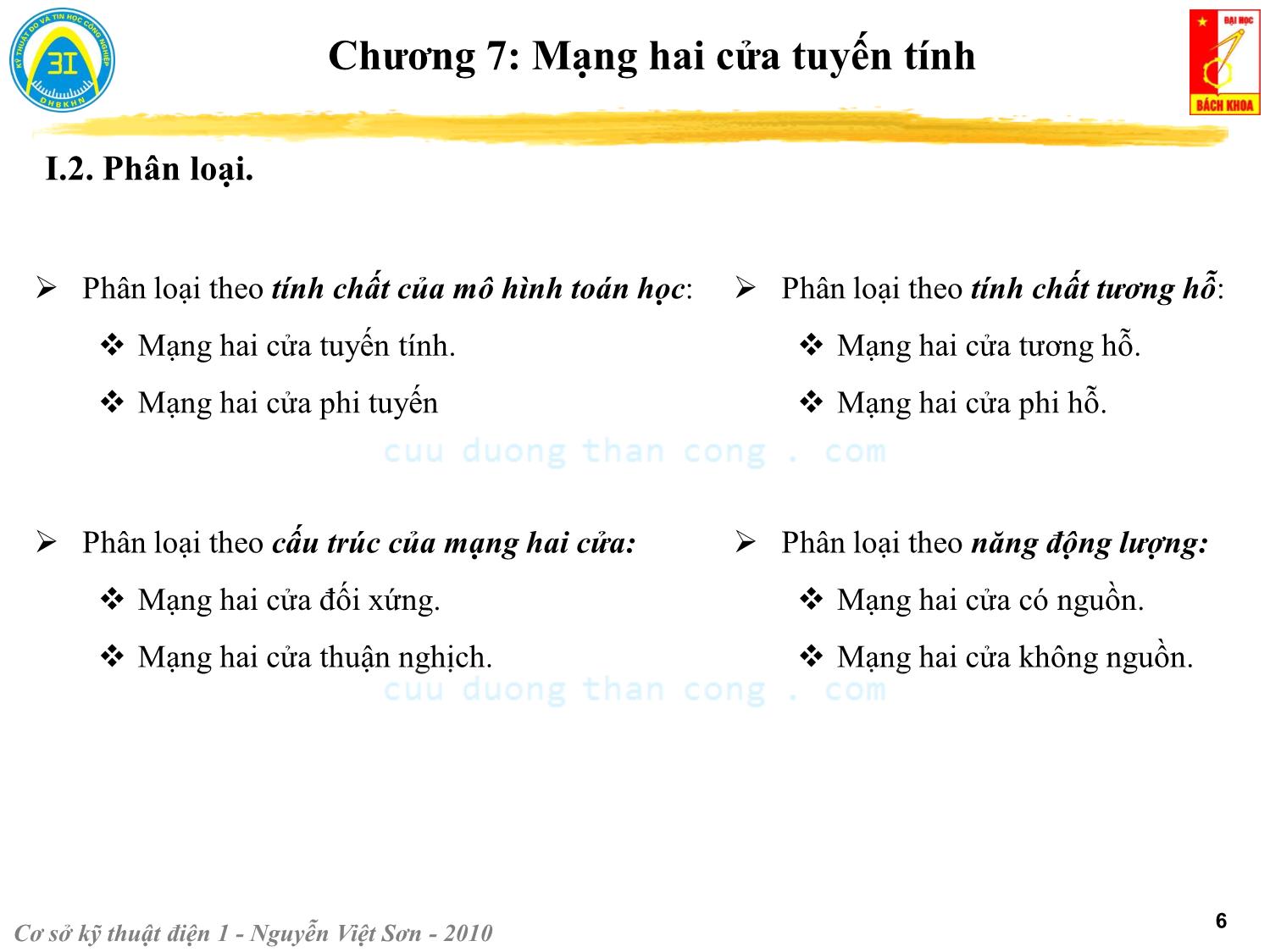 Bài giảng Kỹ thuật điện 1 - Chương 7: Mạng hai cửa tuyến tính - Nguyễn Việt Sơn trang 6