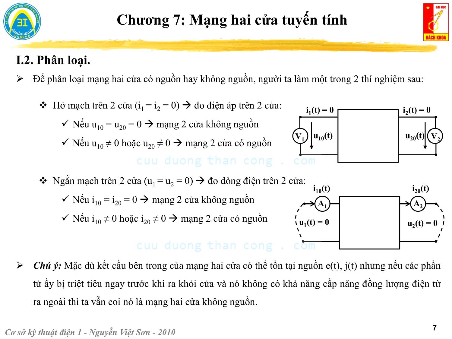 Bài giảng Kỹ thuật điện 1 - Chương 7: Mạng hai cửa tuyến tính - Nguyễn Việt Sơn trang 7