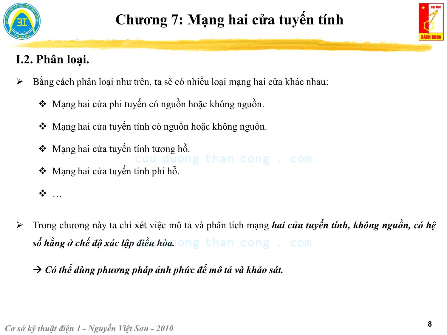 Bài giảng Kỹ thuật điện 1 - Chương 7: Mạng hai cửa tuyến tính - Nguyễn Việt Sơn trang 8