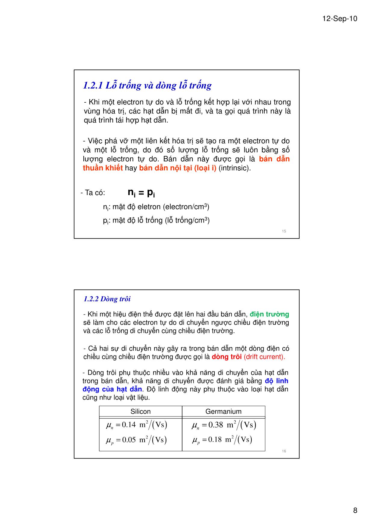 Bài giảng Kỹ thuật điện tử - Chương 1: Giới thiệu về chất bán dẫn - Lê Chí Thông trang 8